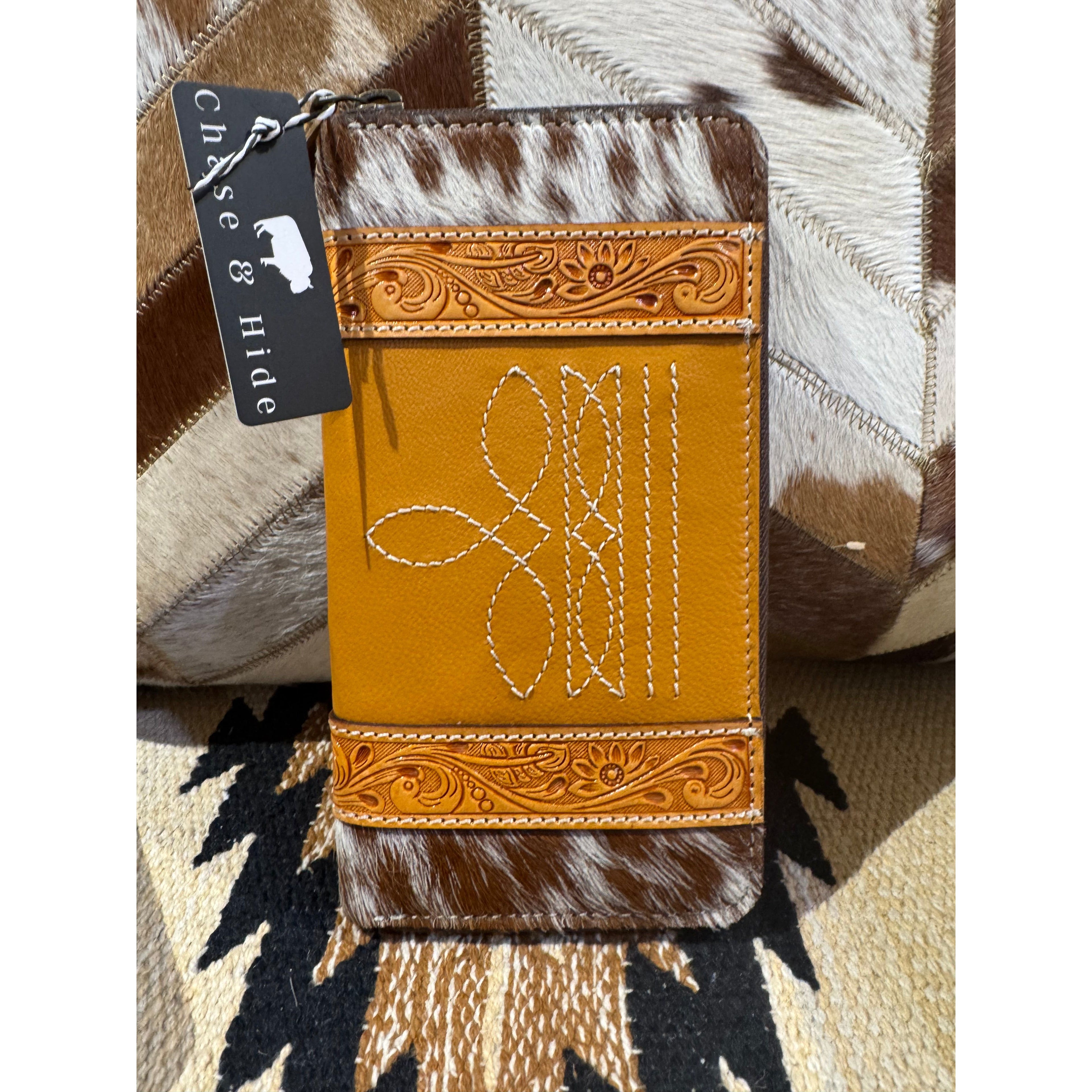 Cowhide and tooling leather boot stitch zippered wallet