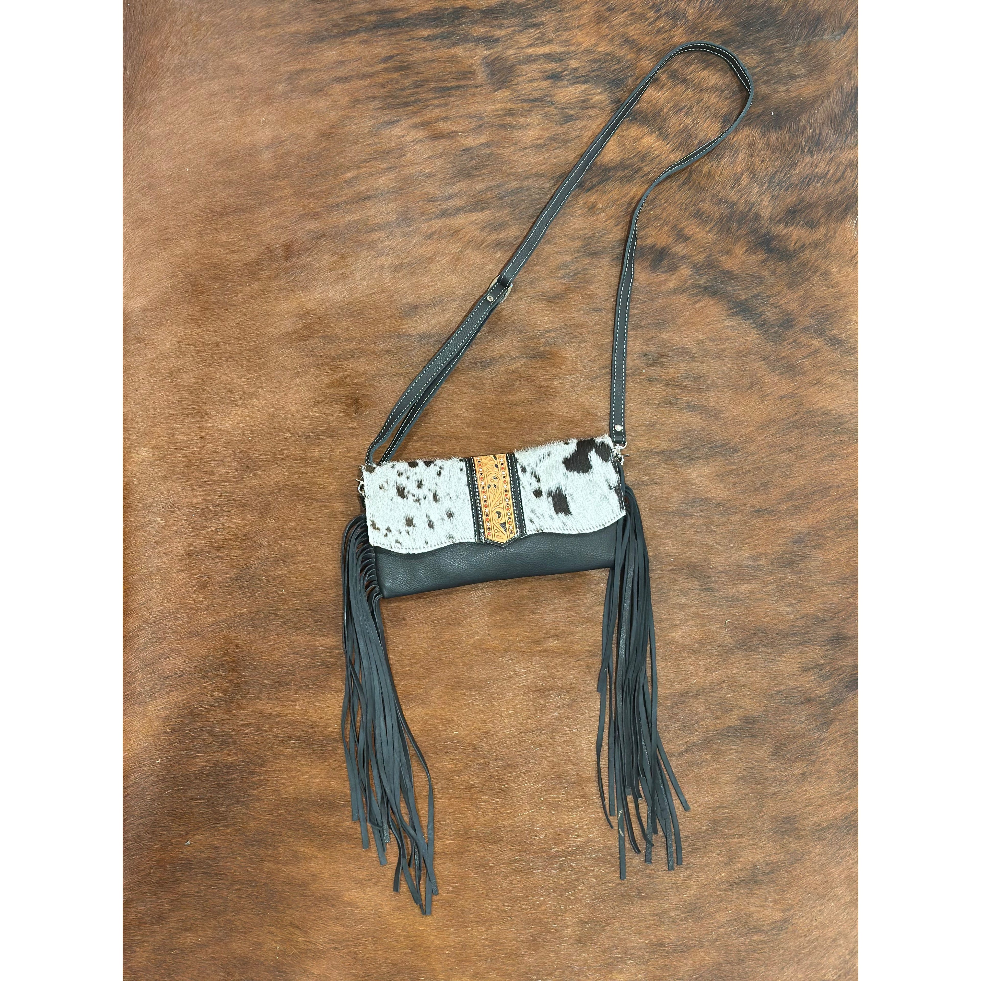 Hand Painted Tooling Leather Flap Cowhide Bag With Fringes – AB74