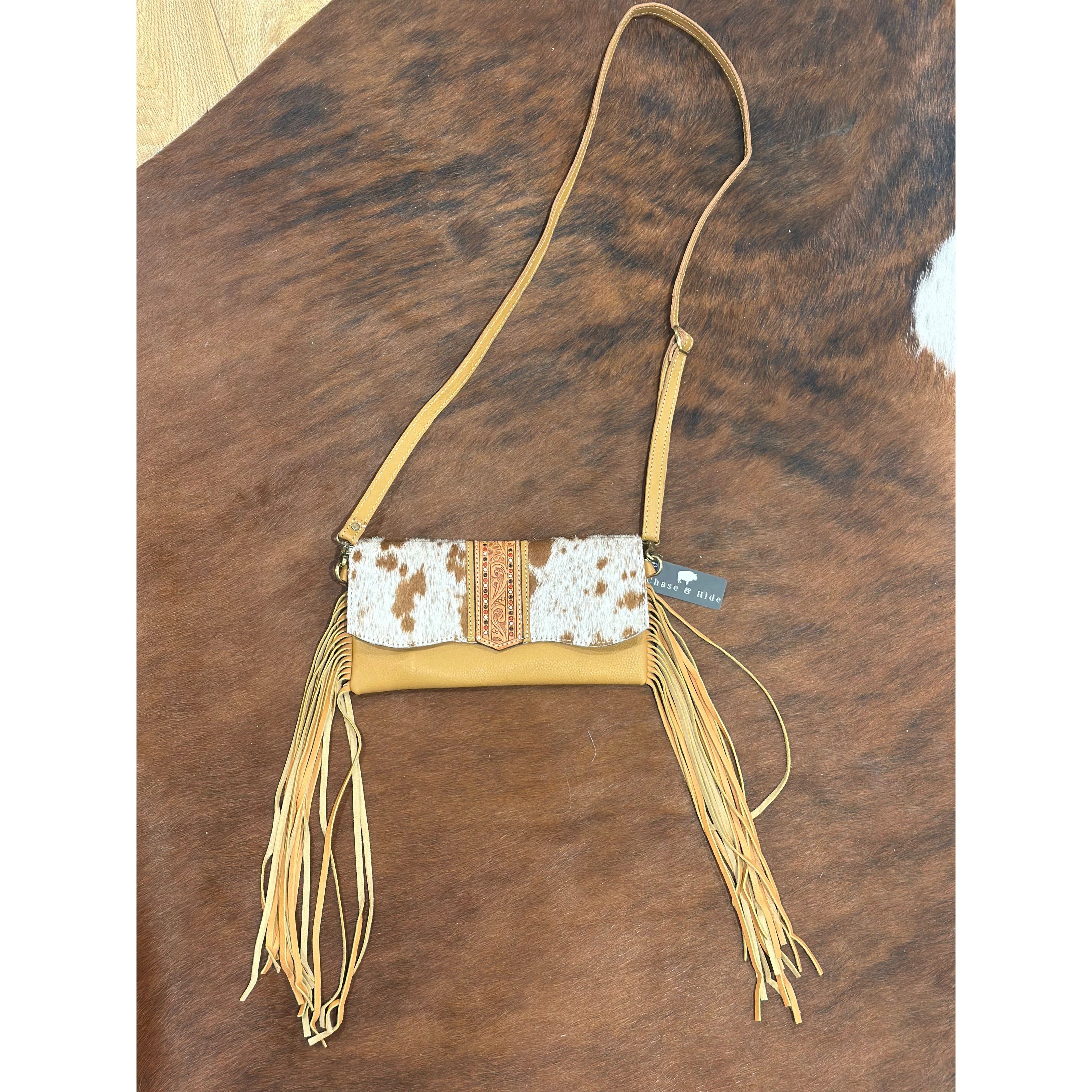 Hand Painted Tooling Leather Flap Cowhide Bag With Fringes – AB74