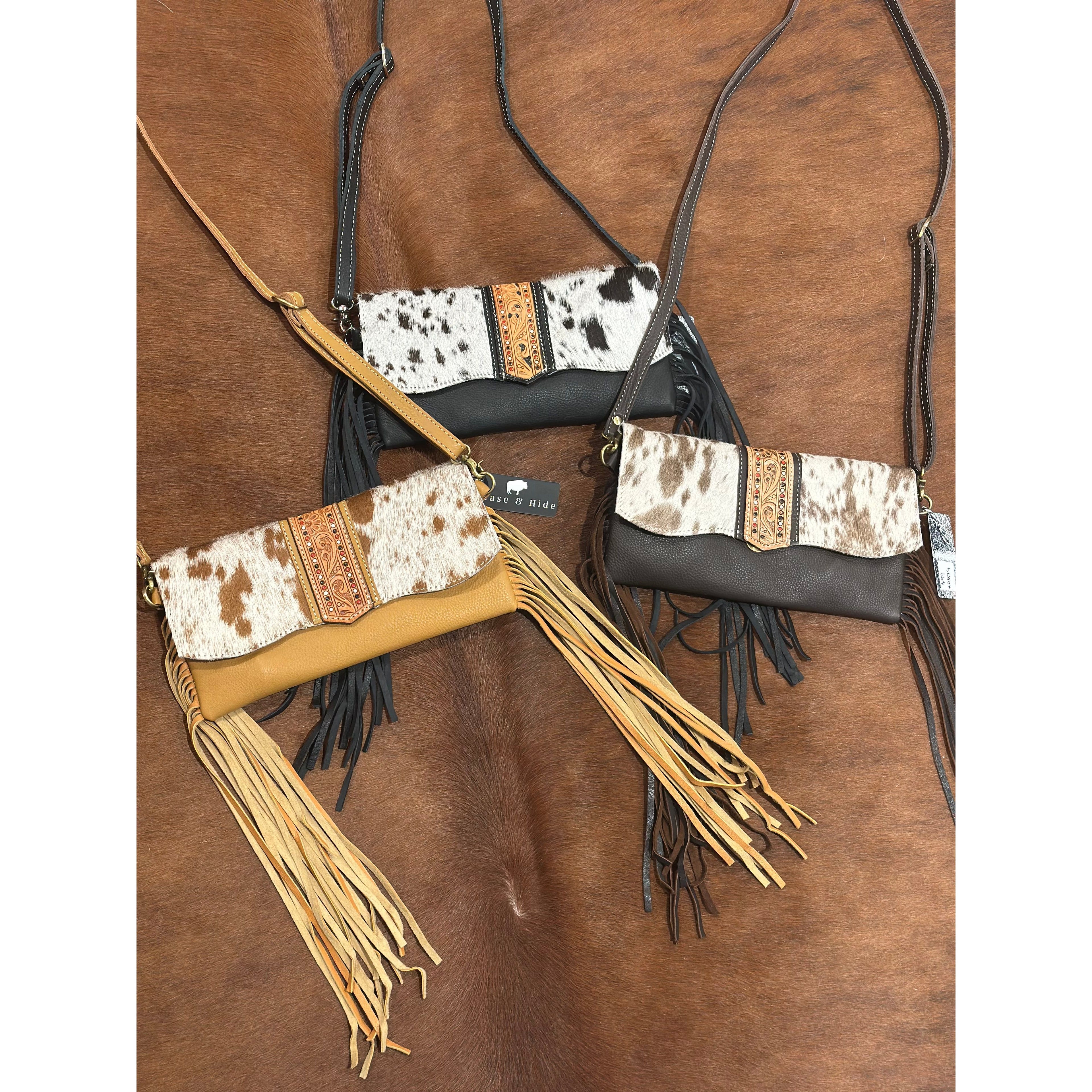 Hand Painted Tooling Leather Flap Cowhide Bag With Fringes – AB74