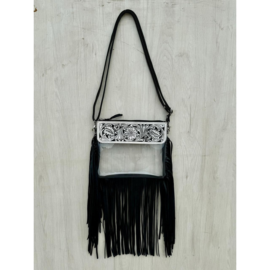 Tooling Leather and Clear Plastic Clutch Bag with Fringes –