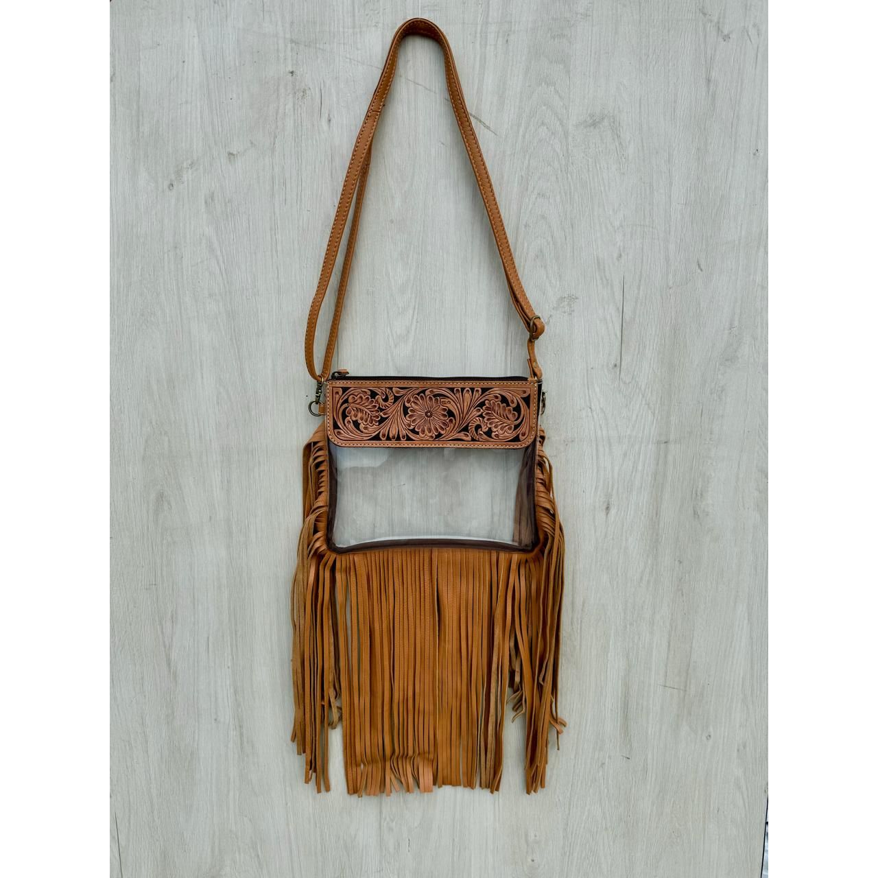 Tooling Leather and Clear Plastic Clutch Bag with Fringes –
