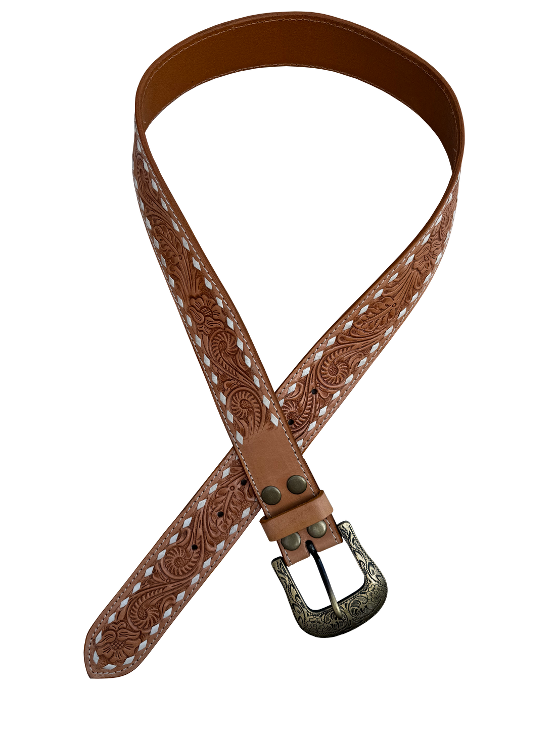 Tan stitched tooling leather belt