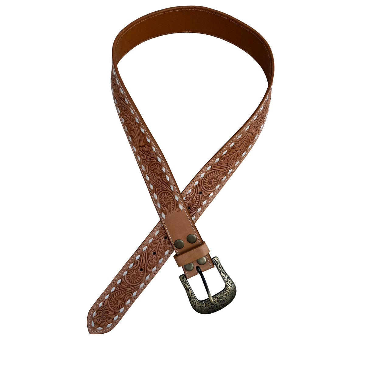 Tan stitched tooling leather belt