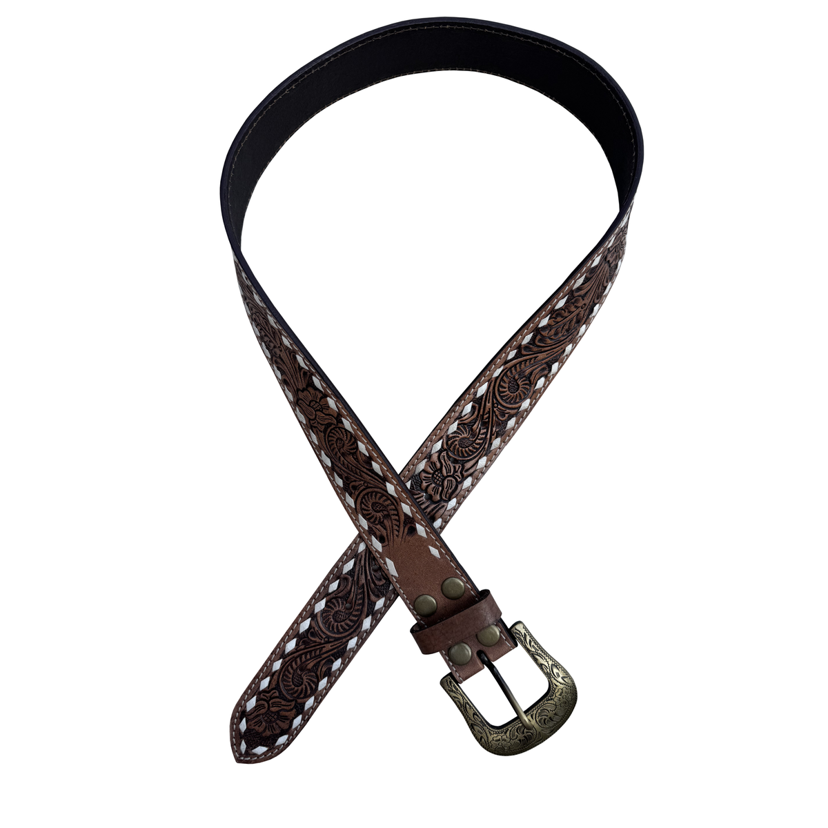 Chocolate Buck stitched tooled leather belt