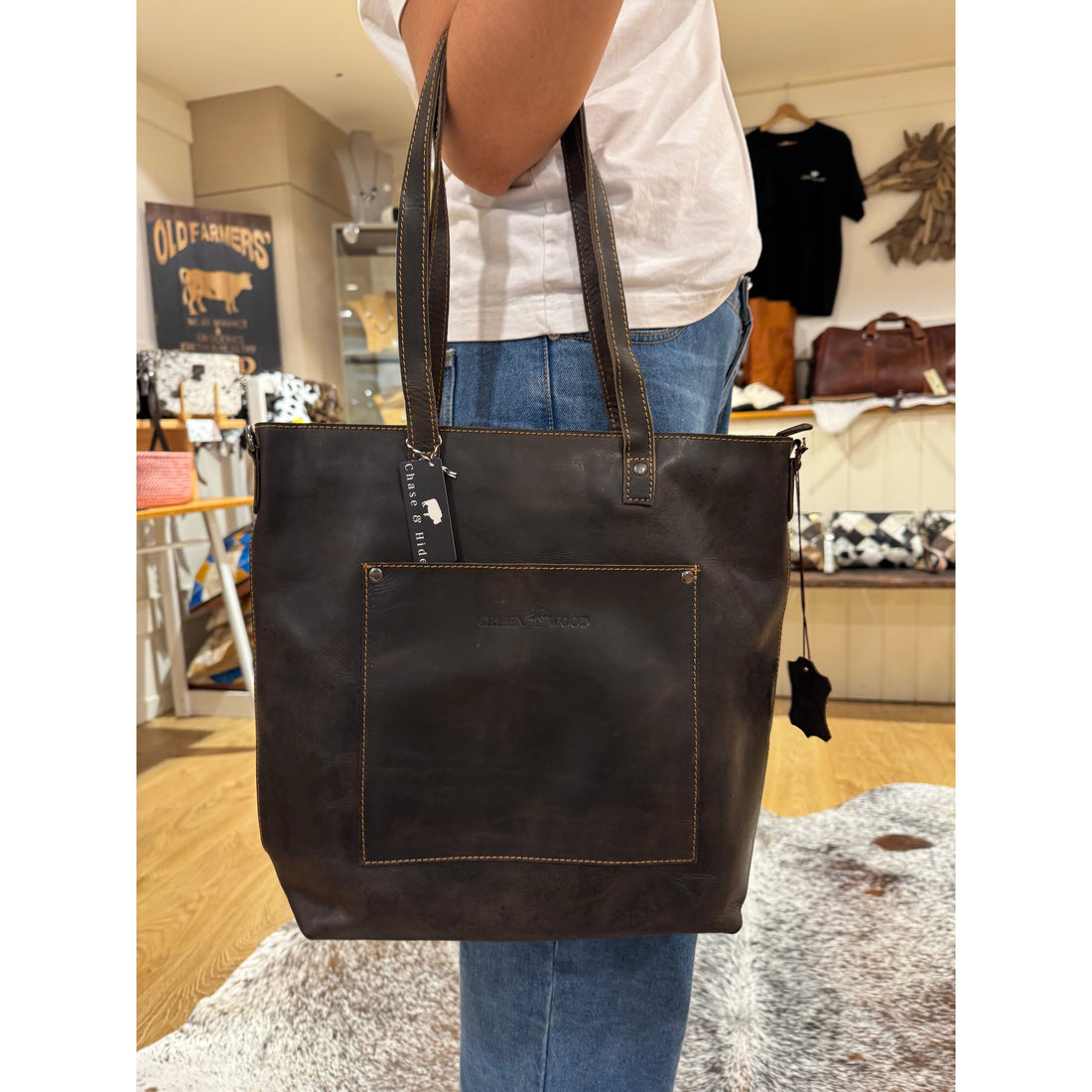 Brown leather tote