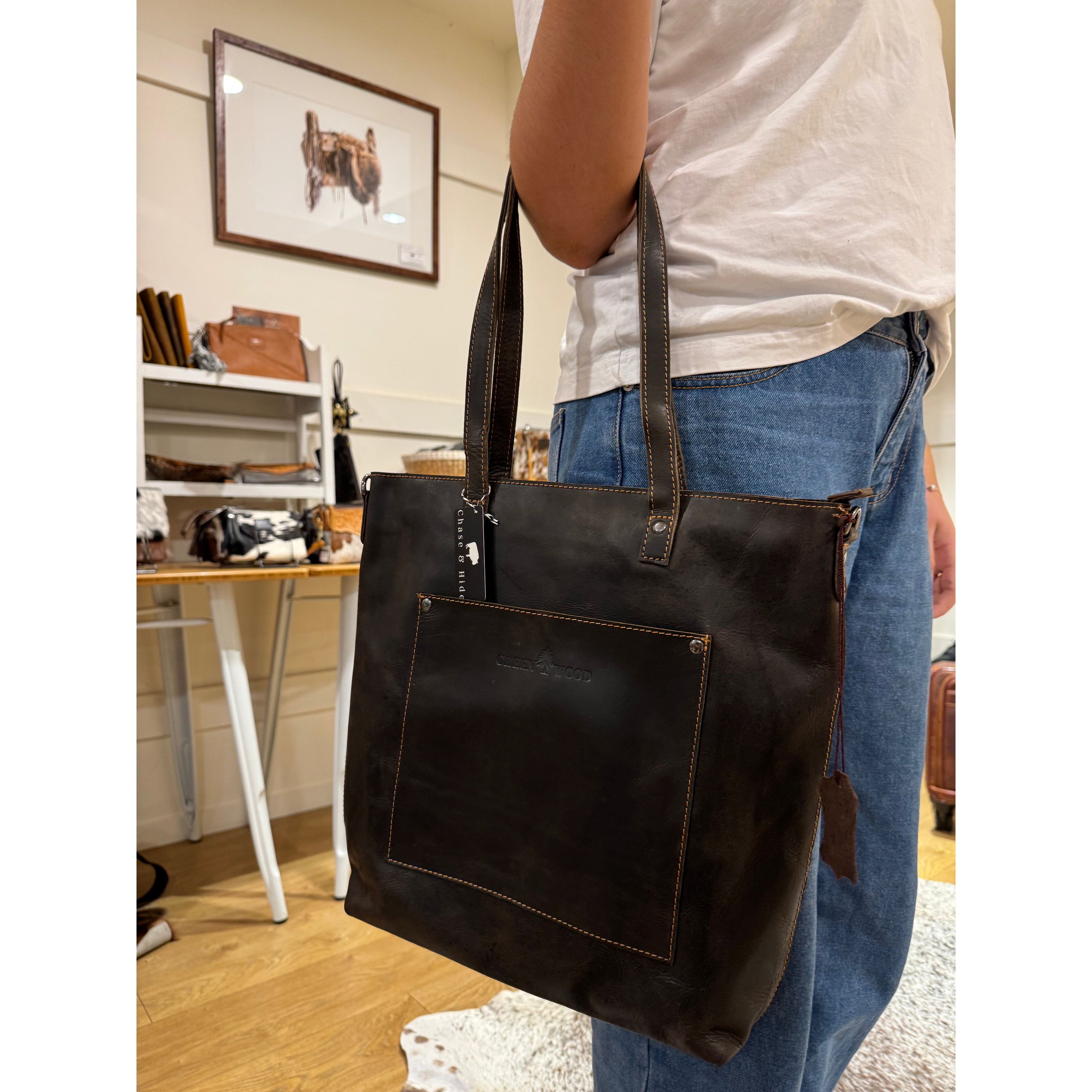 Brown leather tote