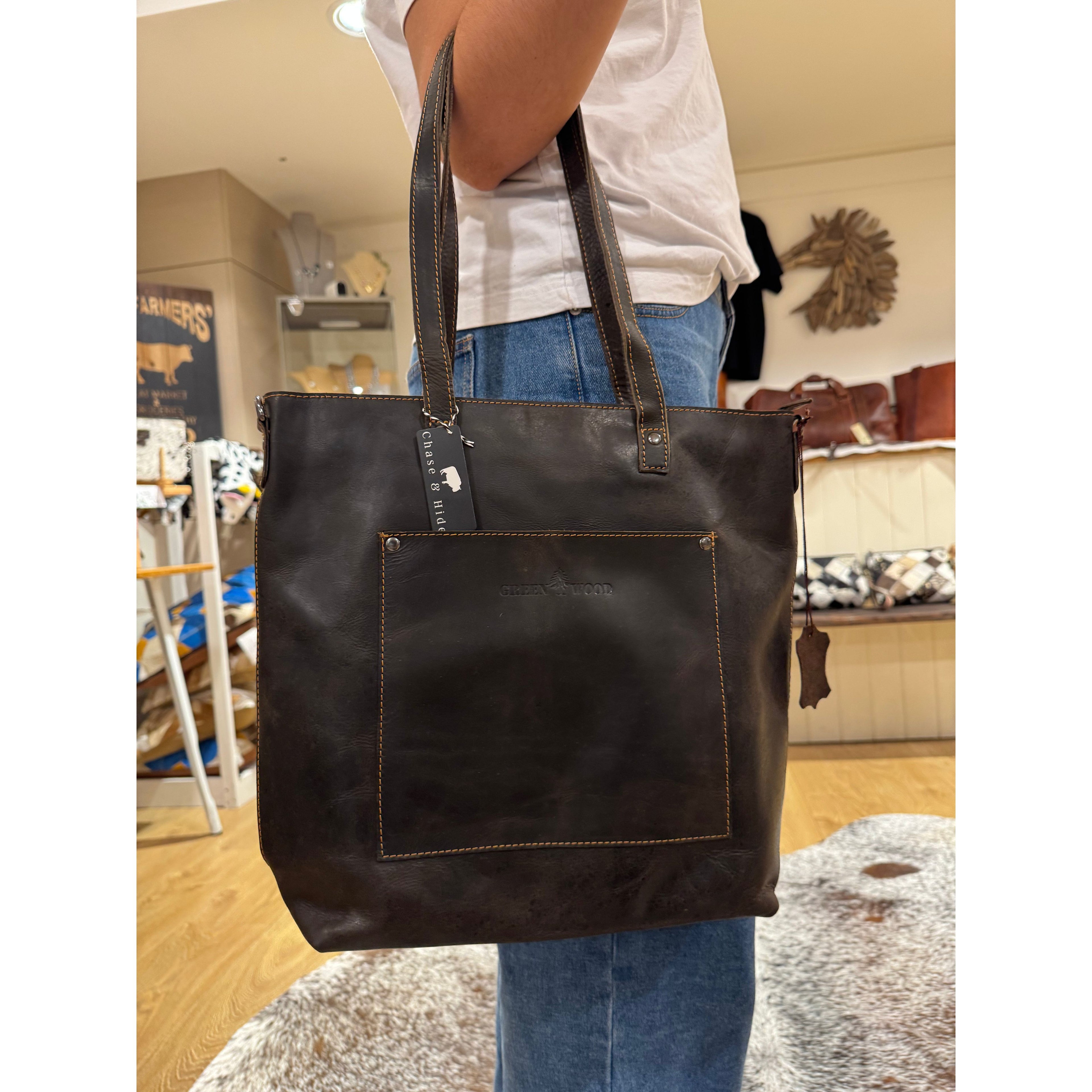 Brown leather tote