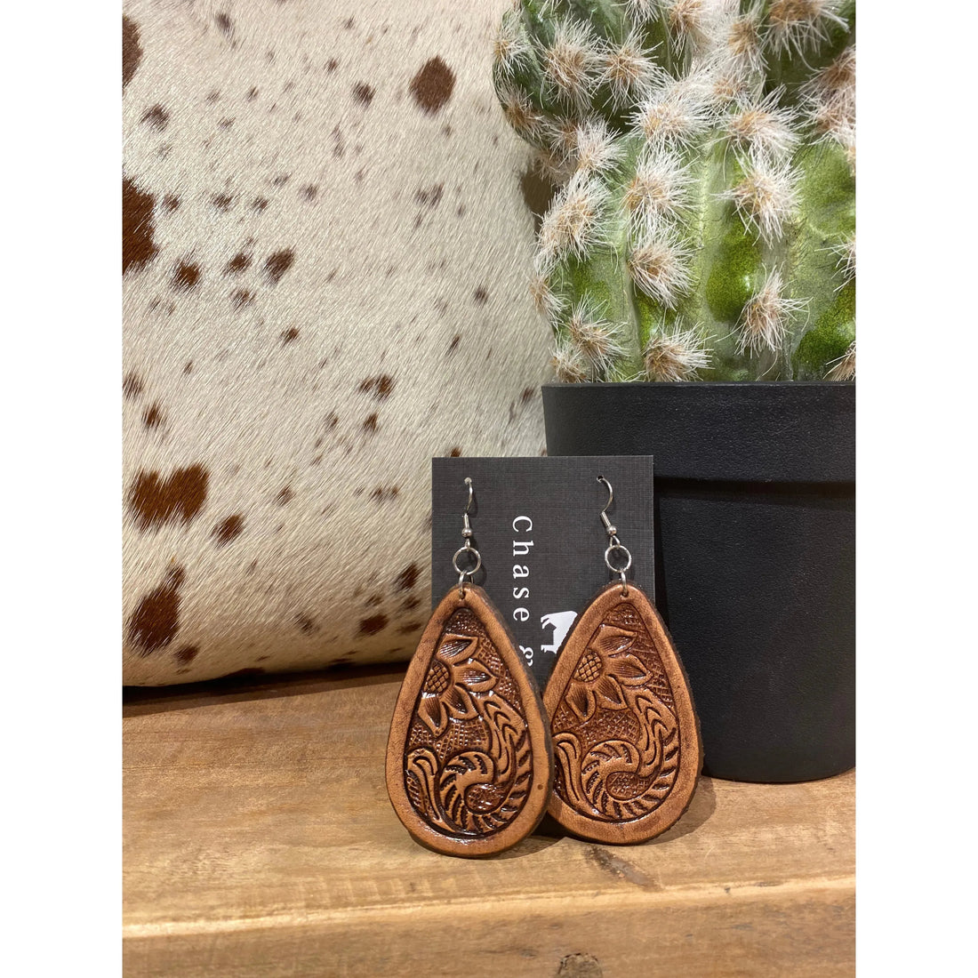 Tooled Leather Tear drop earrings