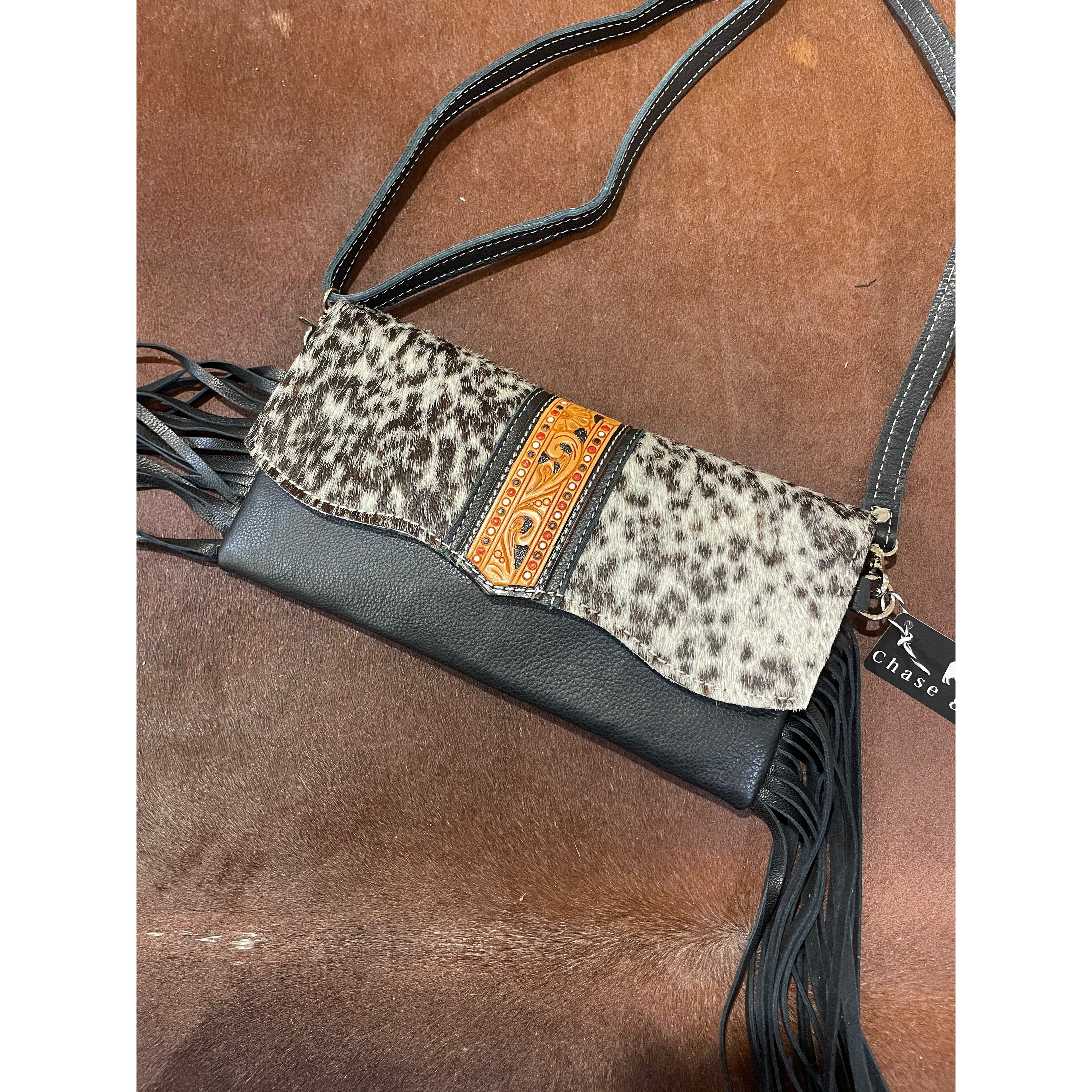 Hand Painted Tooling Leather Flap Cowhide Bag With Fringes – AB74