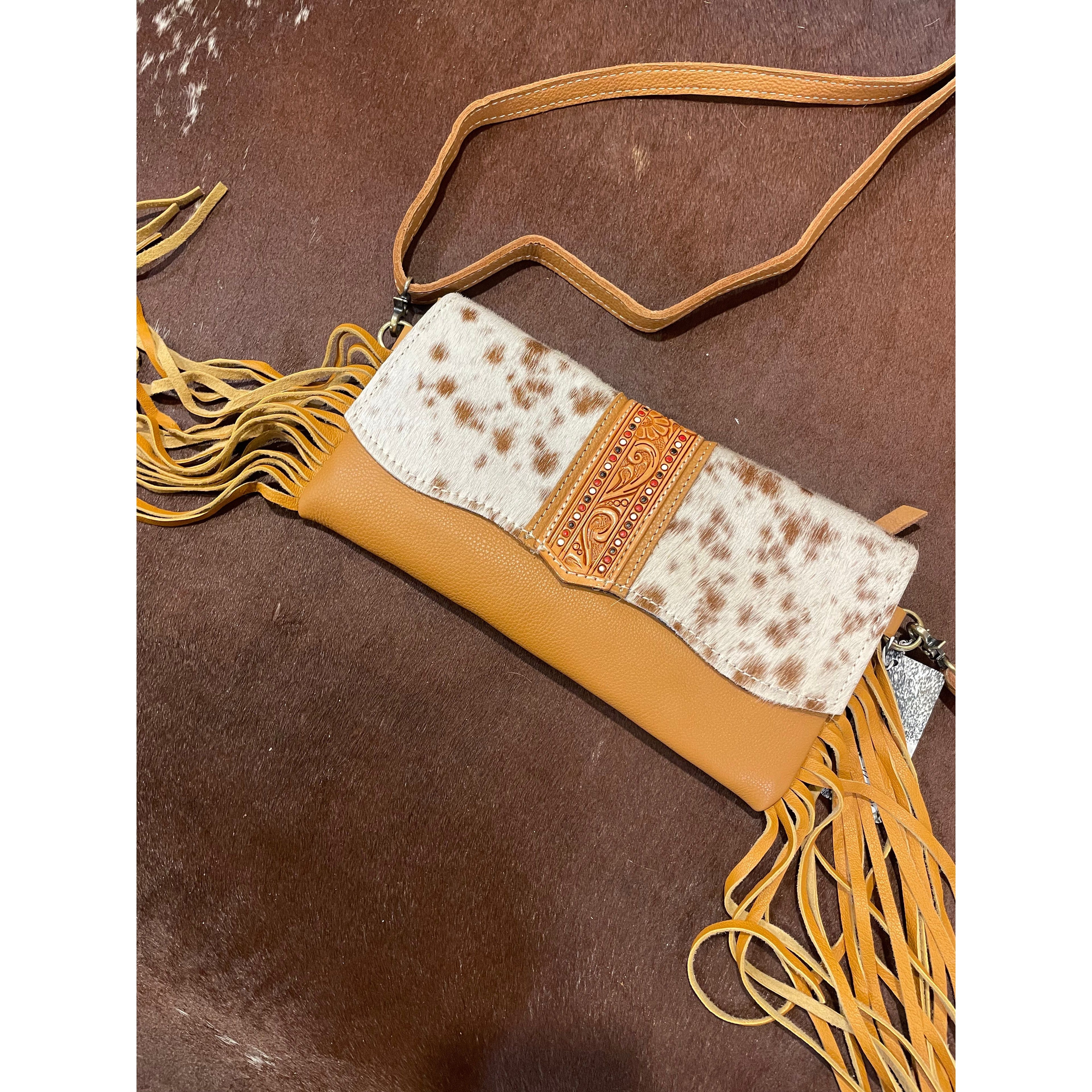 Hand Painted Tooling Leather Flap Cowhide Bag With Fringes – AB74