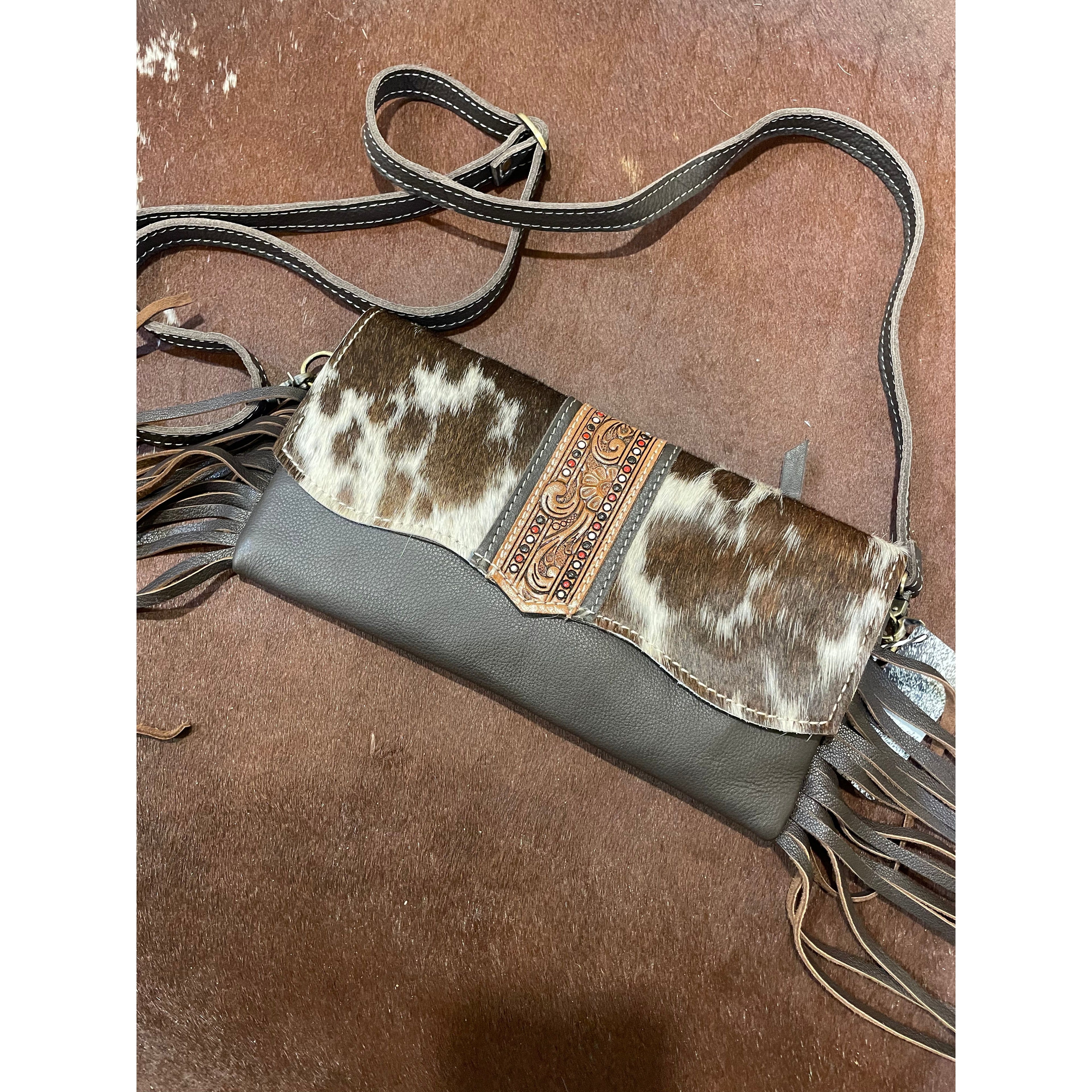 Hand Painted Tooling Leather Flap Cowhide Bag With Fringes – AB74