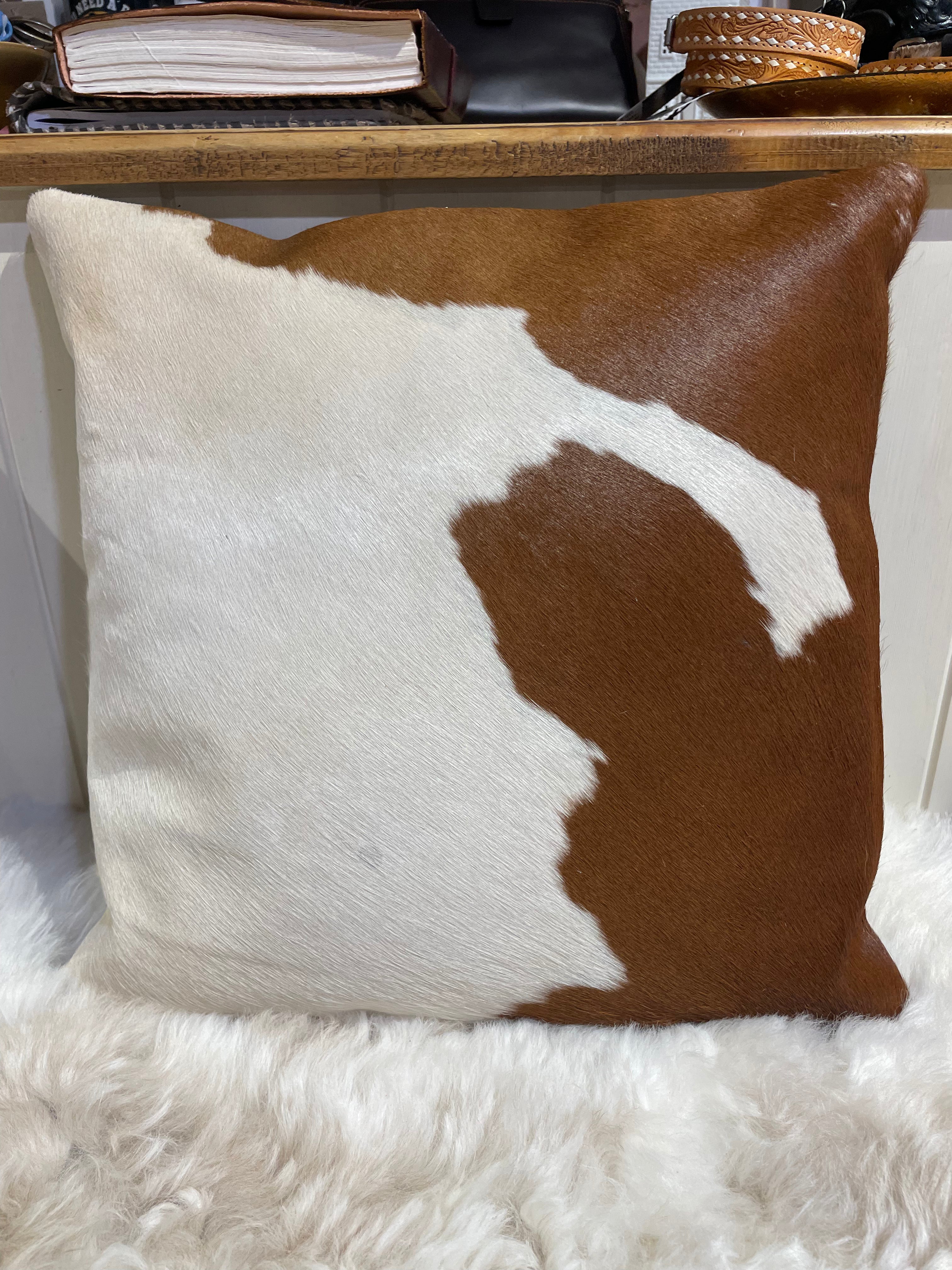 Cowhide Cushion Cover with Leather Back | 40x40cm Genuine Cowhide Pillow | Rustic Western Home Decor