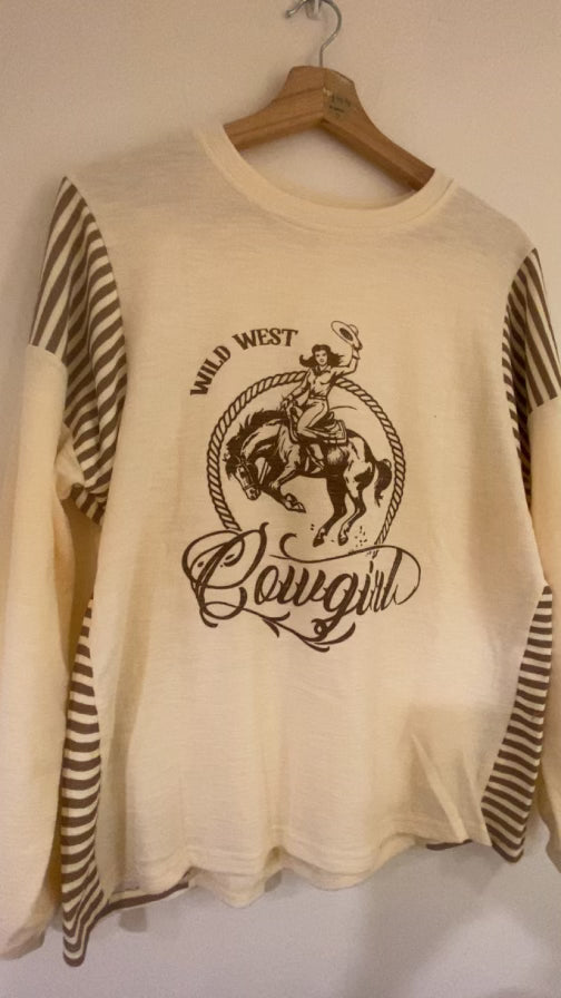 Lemon Western Print Colorblocked Long Sleeve Cotton Blouse