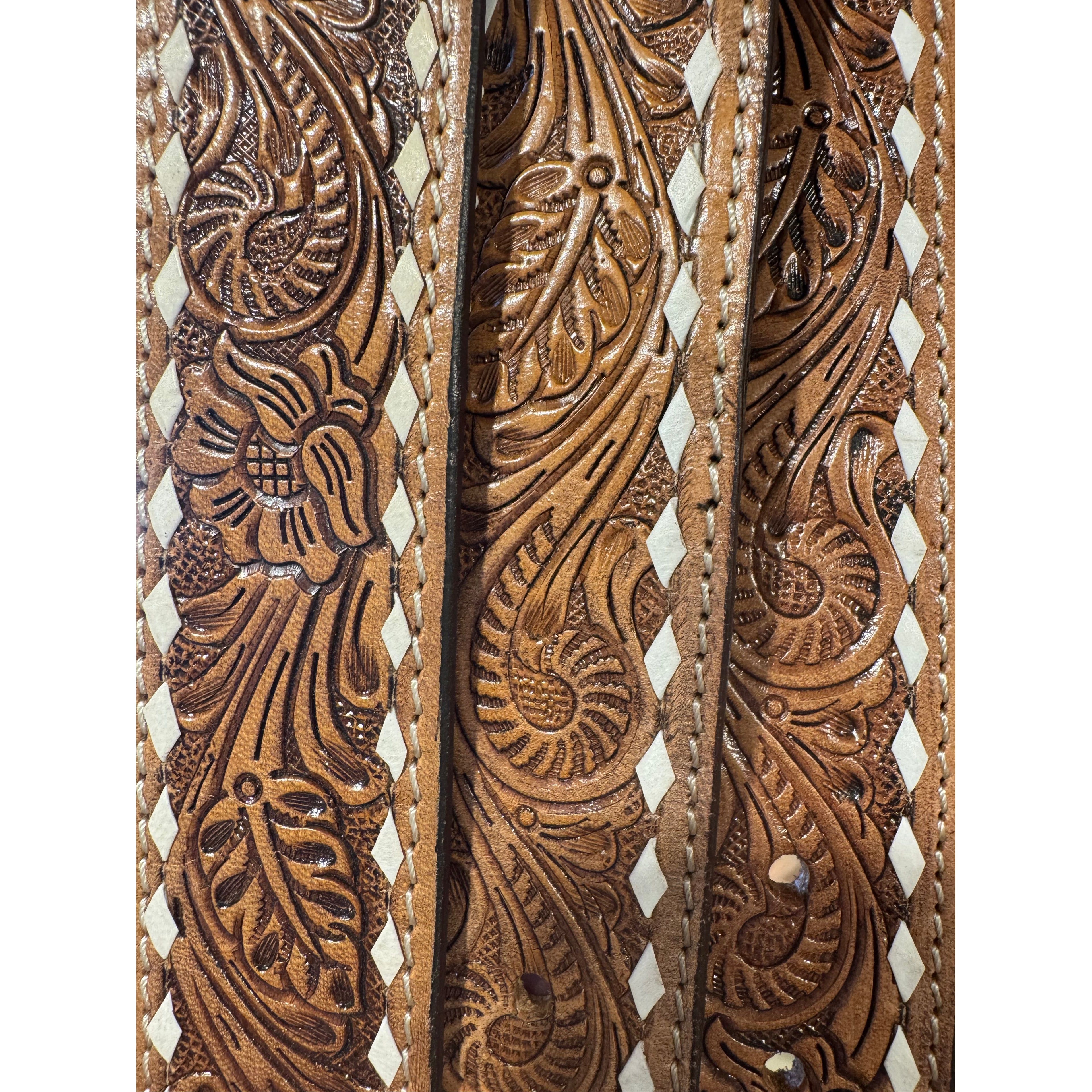 Chocolate Buck stitched tooled leather belt