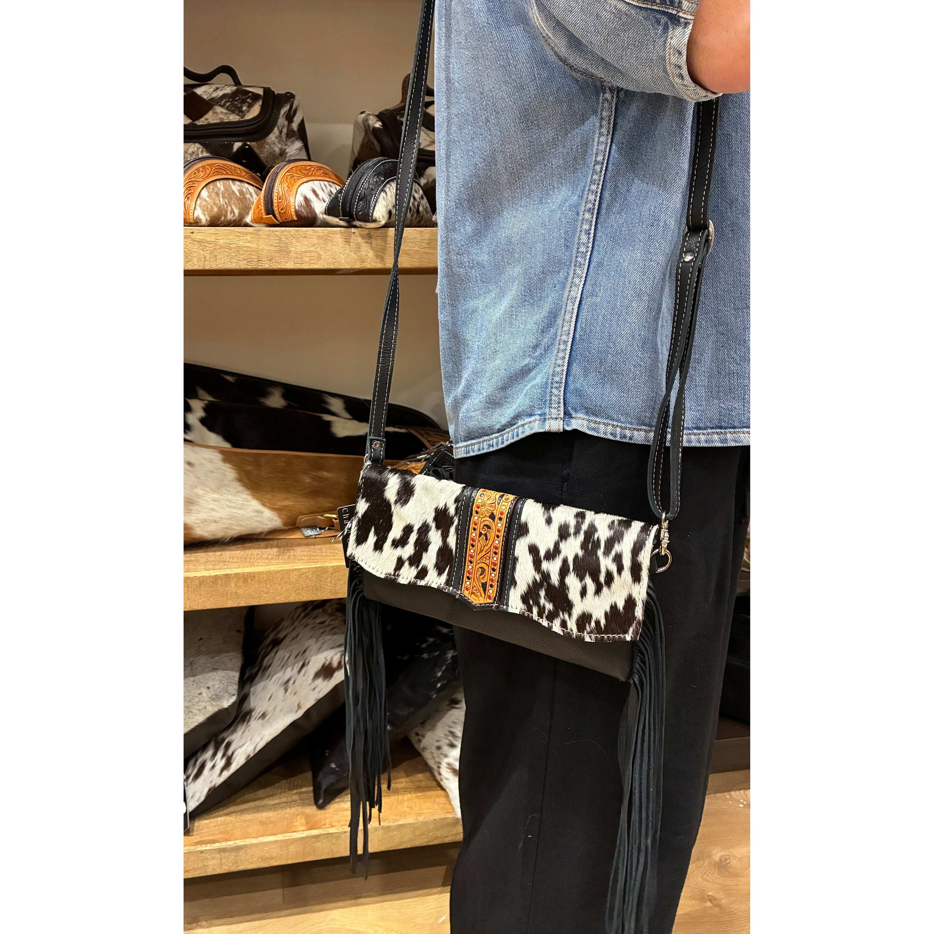 Hand Painted Tooling Leather Flap Cowhide Bag With Fringes – AB74