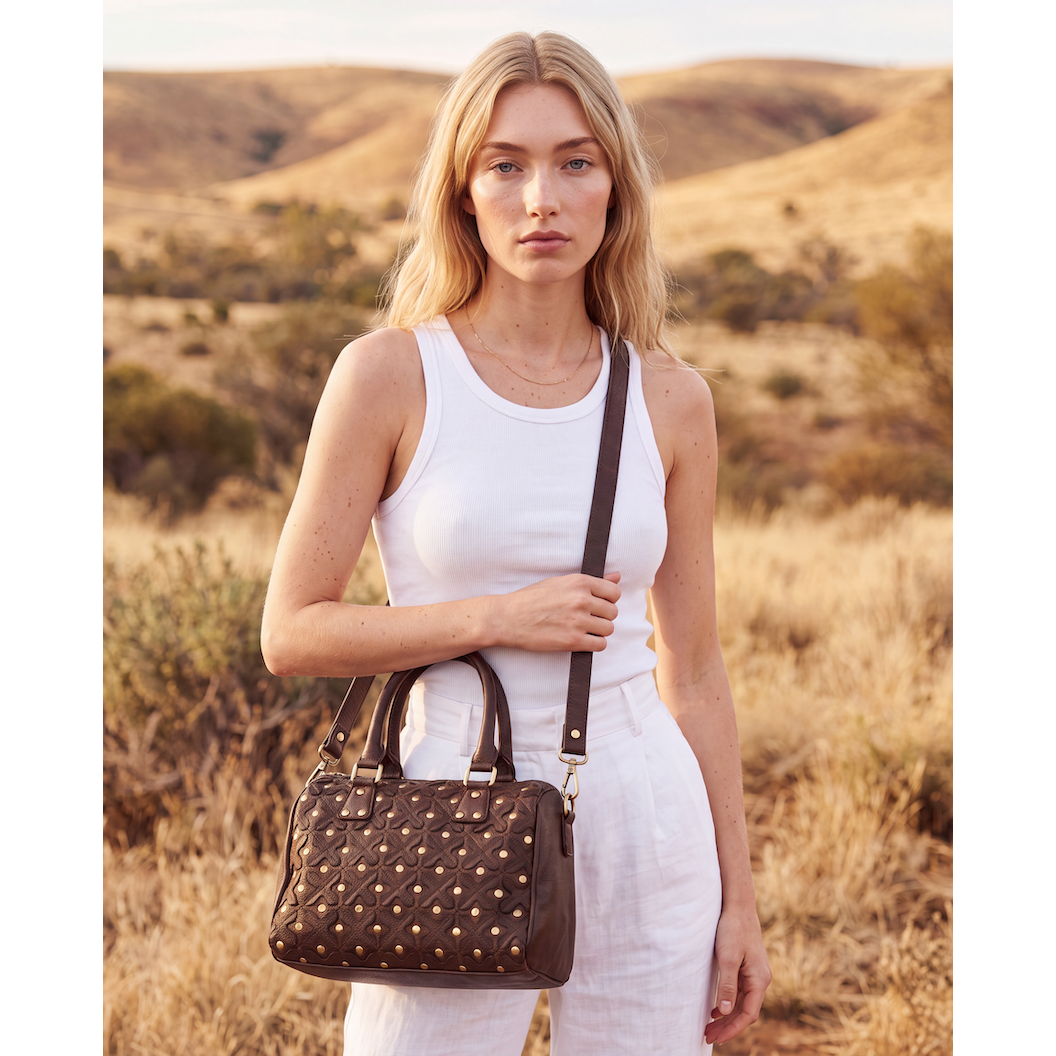 Woven Washed Leather Boston Bag with Studs – Glasson (W-08)