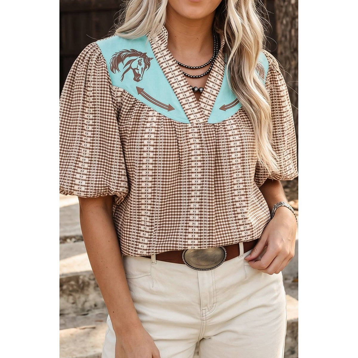 Western Pony Embroidered Yoke Puff Sleeve Gingham Blouse Top Shirt