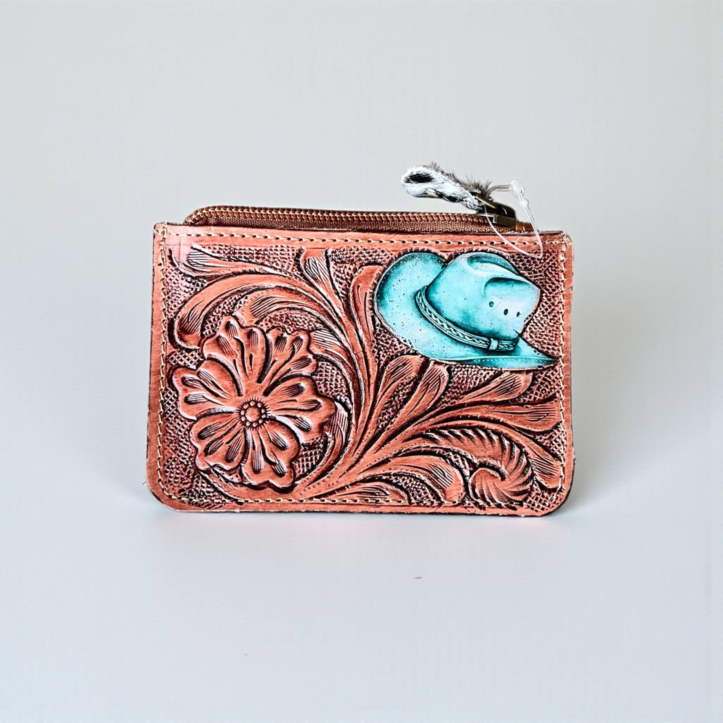 Turquoise hat tooled leather coin pouch