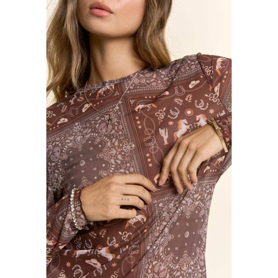 Western Bandana Print Mock Neck Mesh Top