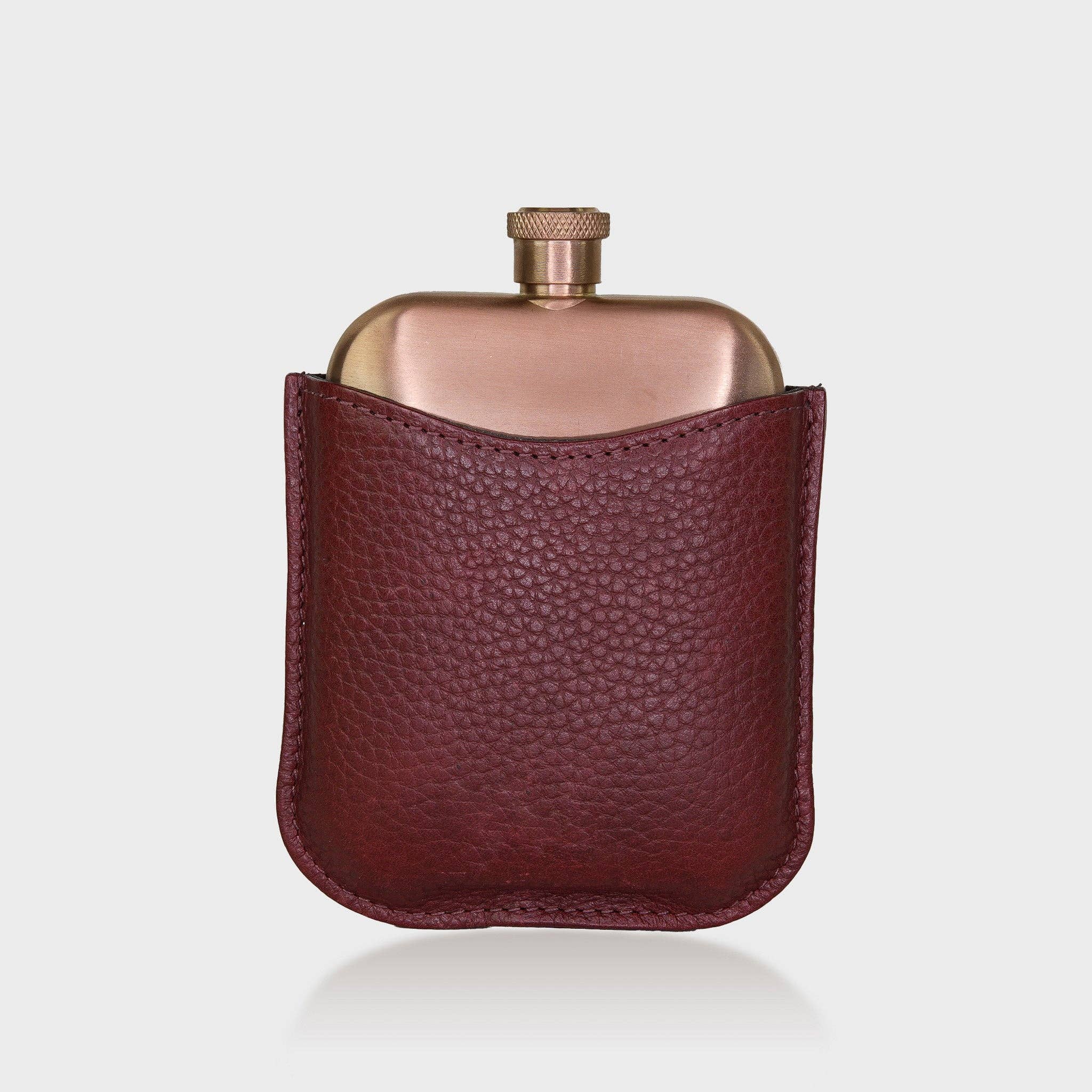 Copper Hip Flask With Pebble Grain Leather Sleeve - Cherry