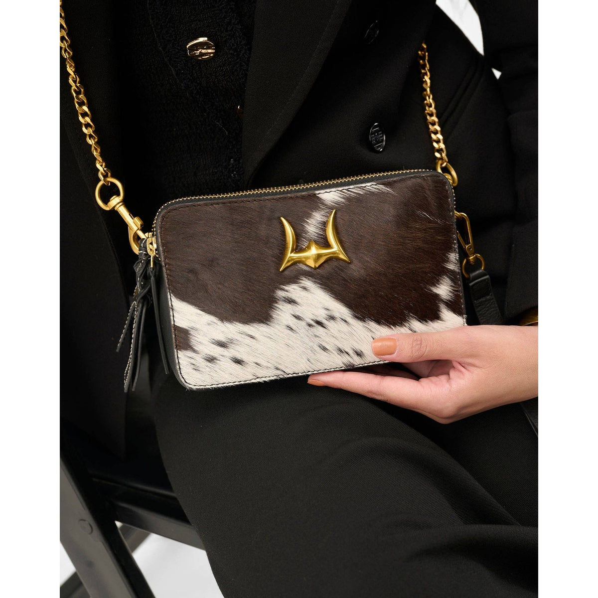 Shell Mini Purse In Black & White Cowhide