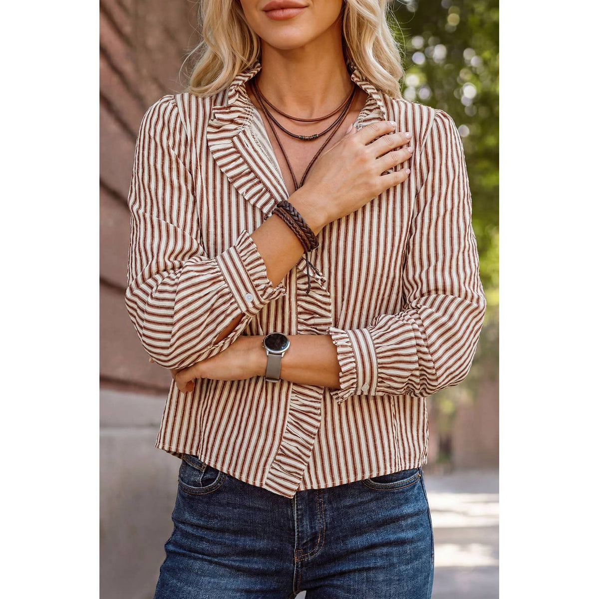 Red Striped Ruffle Button-Down Long-Sleeve Vintage Blouse