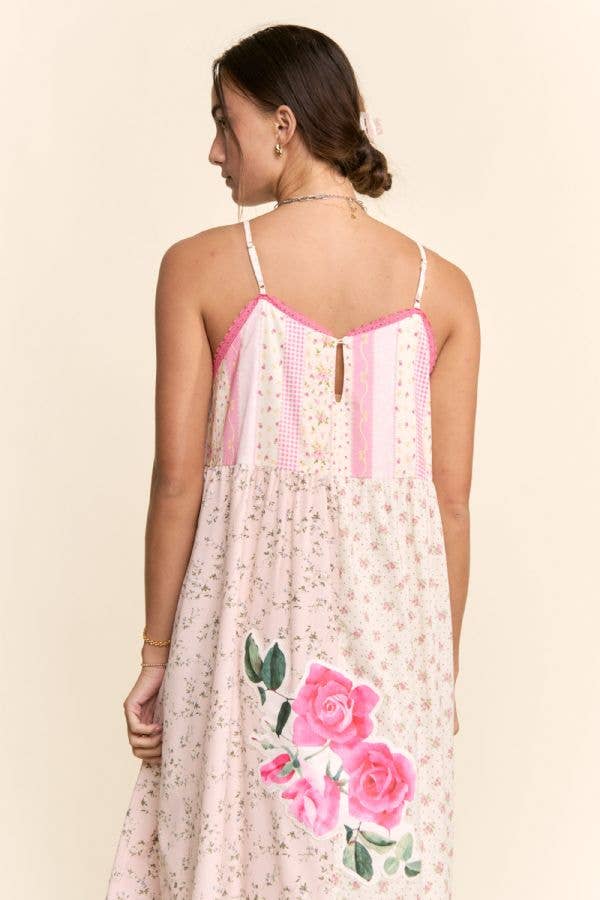 Rose Patchwork Print Ruffle Hem Trapeze Midi Dress