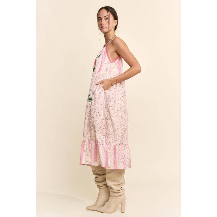 Rose Patchwork Print Ruffle Hem Trapeze Midi Dress