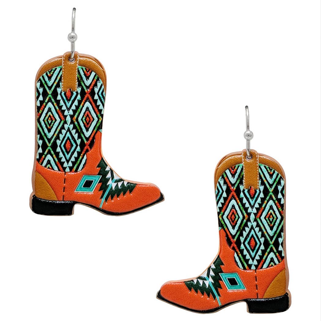 Cowboy Boots Aztec Pattern Leather Hook Earrings