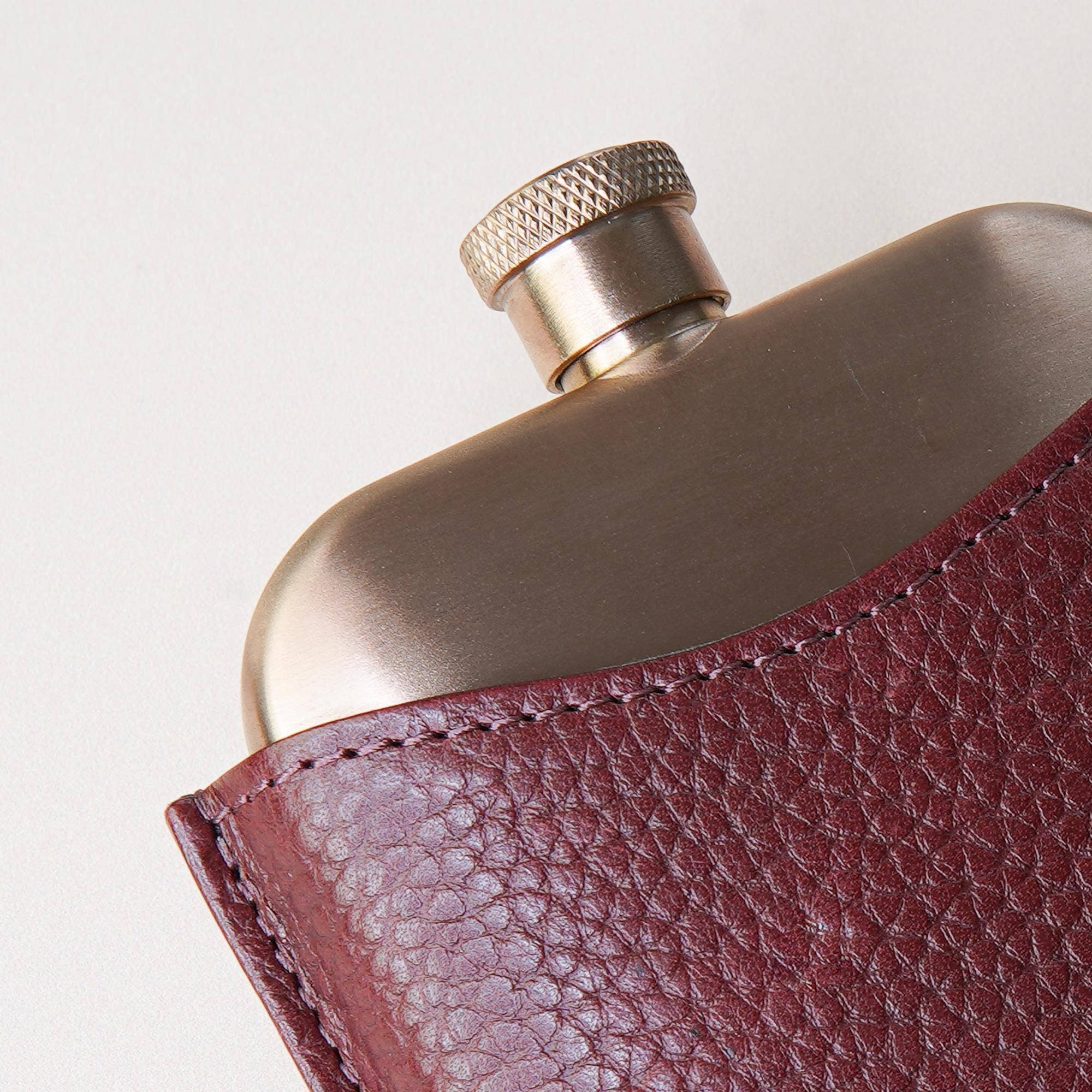 Copper Hip Flask With Pebble Grain Leather Sleeve - Cherry