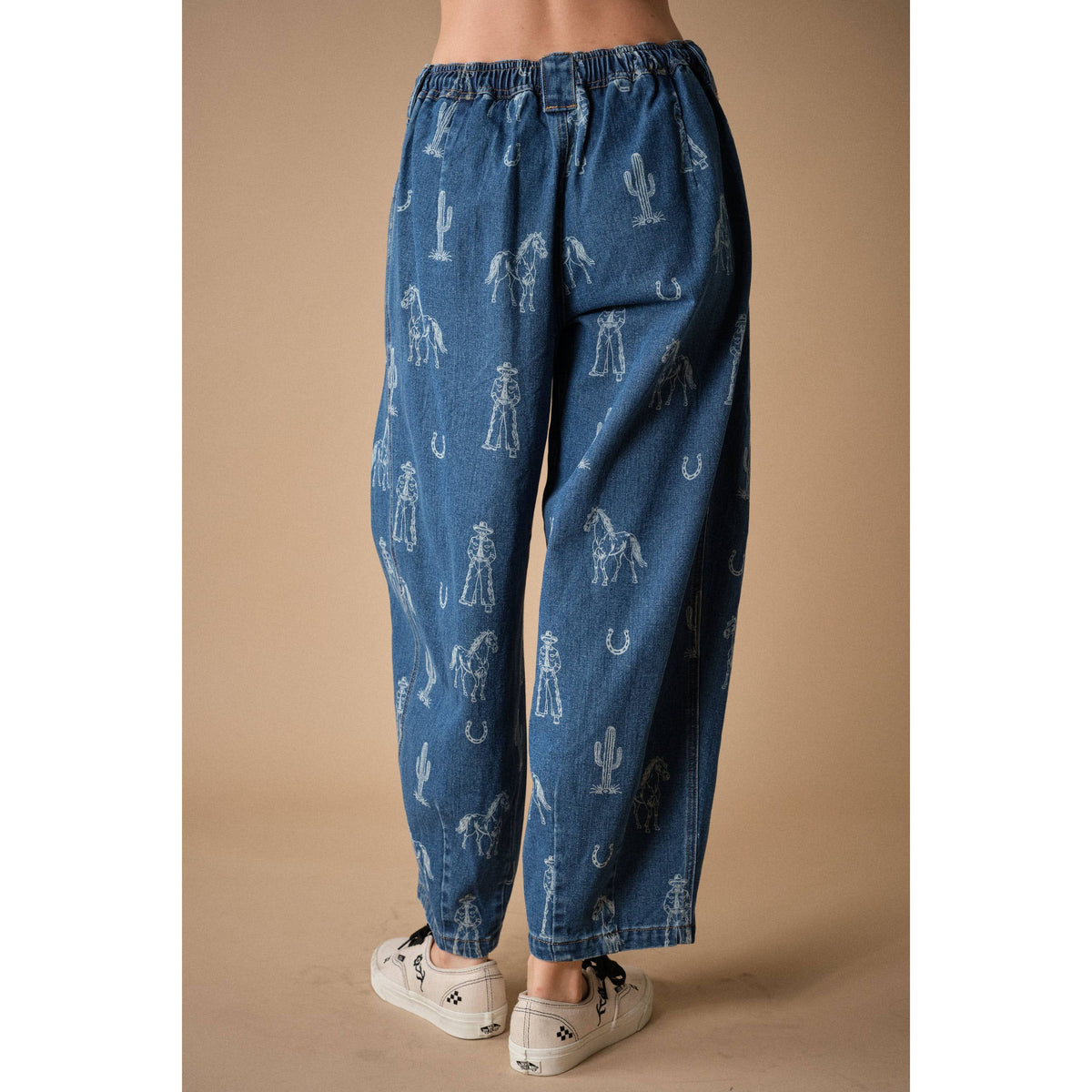 Western Print Barrel Denim Pants