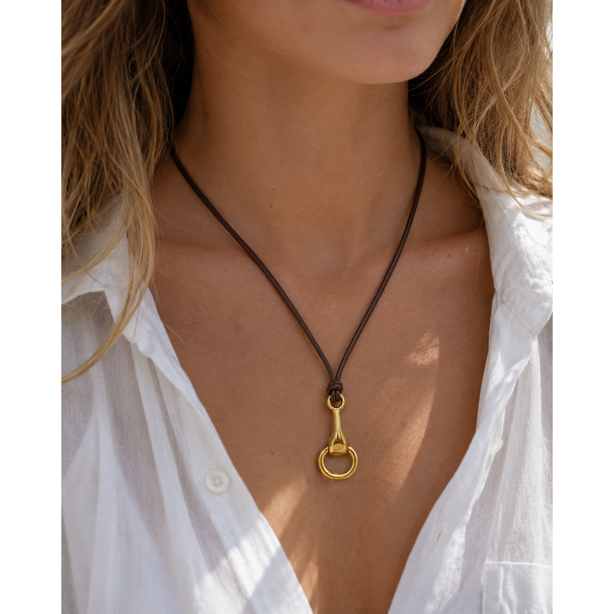 Genuine Leather Horsebit Pendant Cord Necklace