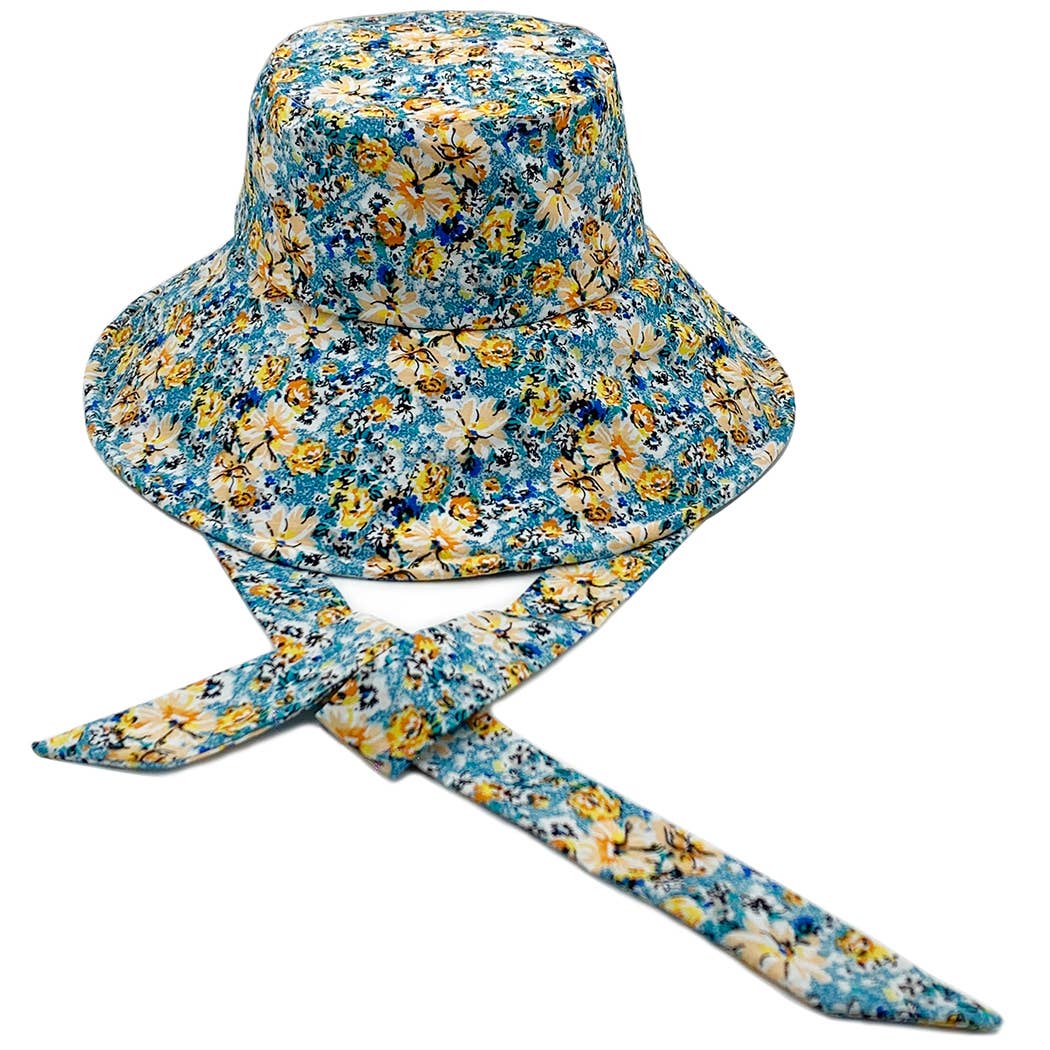 Mixed Floral Print Chin Tie Sun Bucket Hat