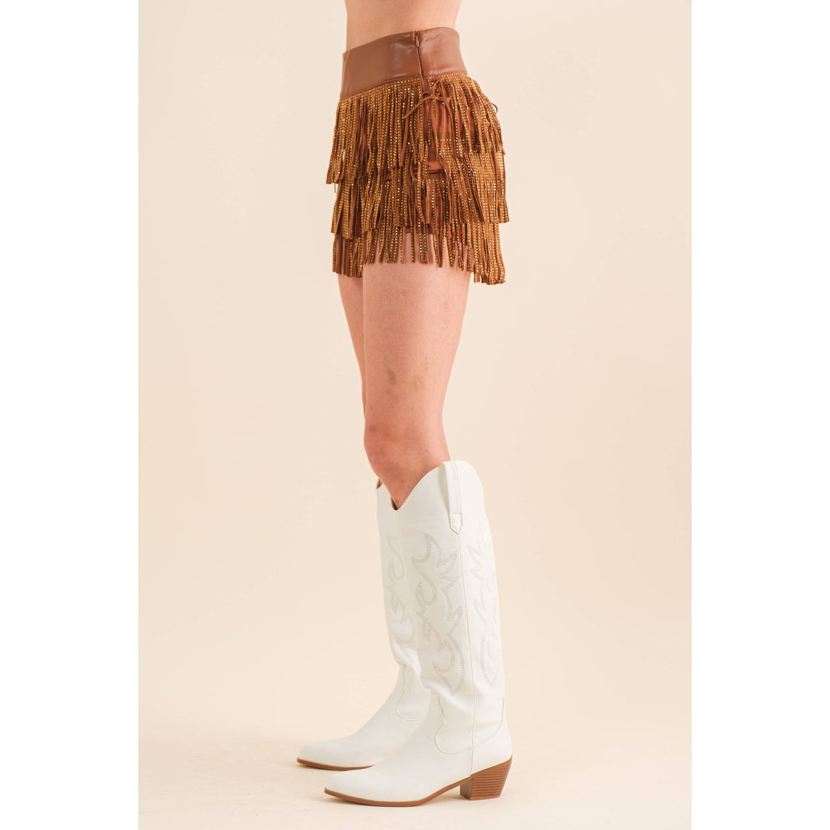 Festival Leather Waist Tiered Fringe Studded Short