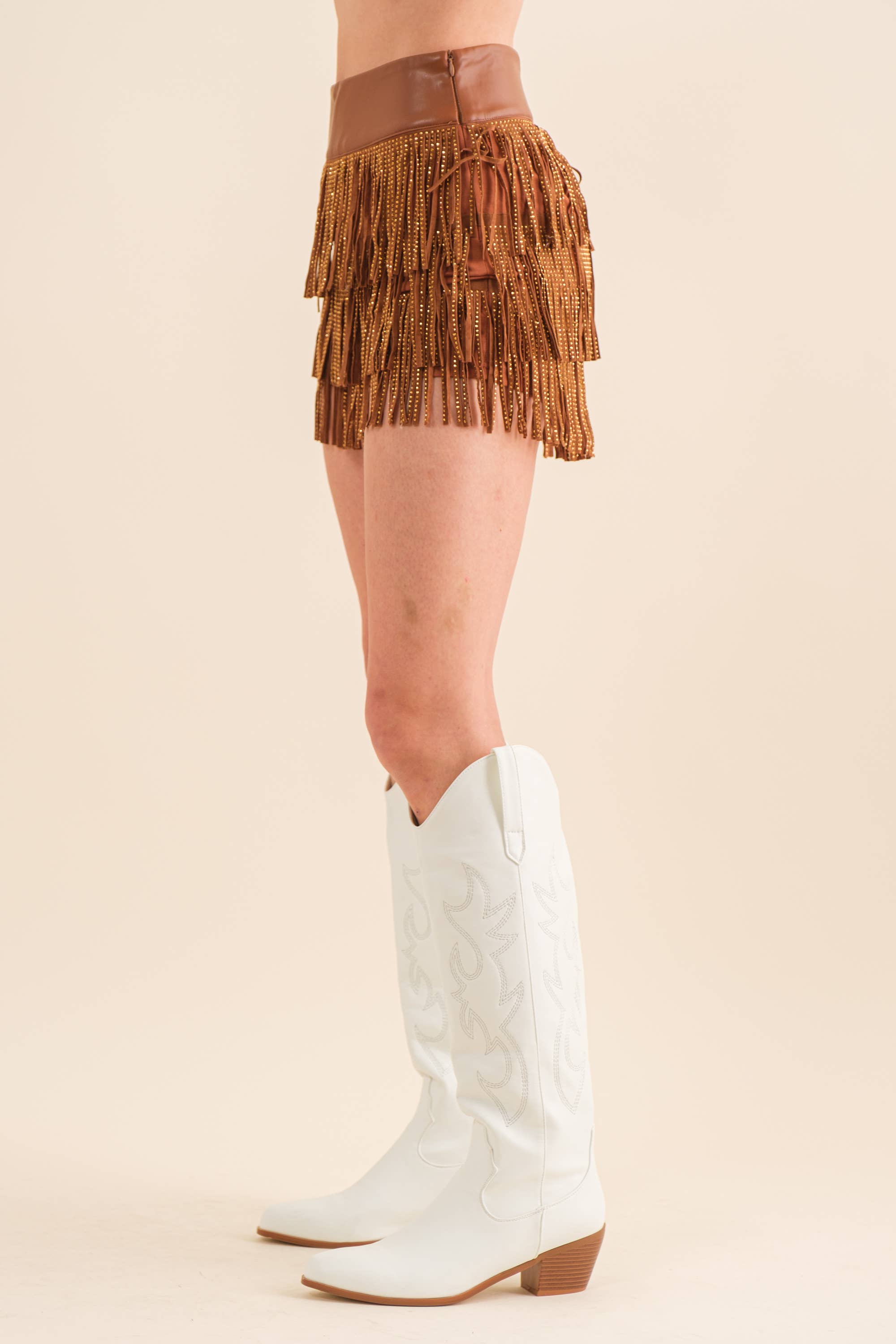 Festival Leather Waist Tiered Fringe Studded Short
