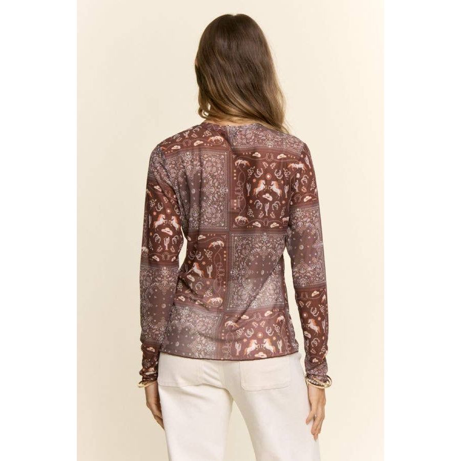 Western Bandana Print Mock Neck Mesh Top
