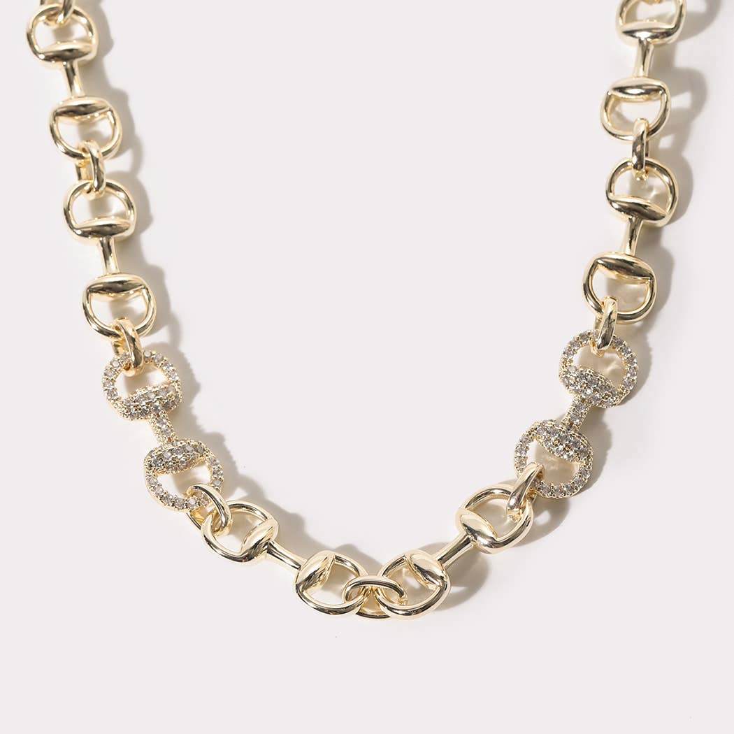 Gold Horsebit CZ Pave Link Necklace