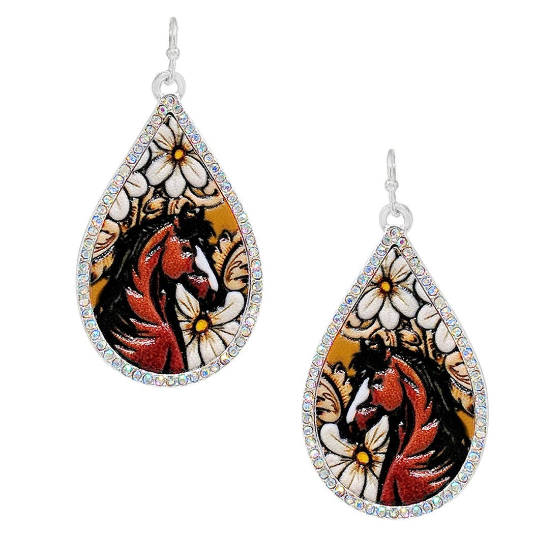 Water Drop Shape Horse Print Leather Hook Earrings