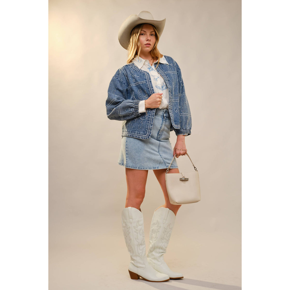 Western Embroidery Puff Sleeve Denim Jacket