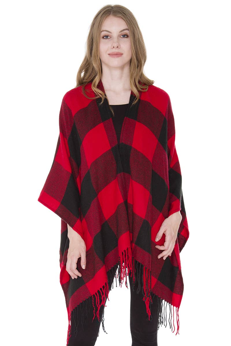 Buffalo Check Pattern Ruana Poncho with Fringes