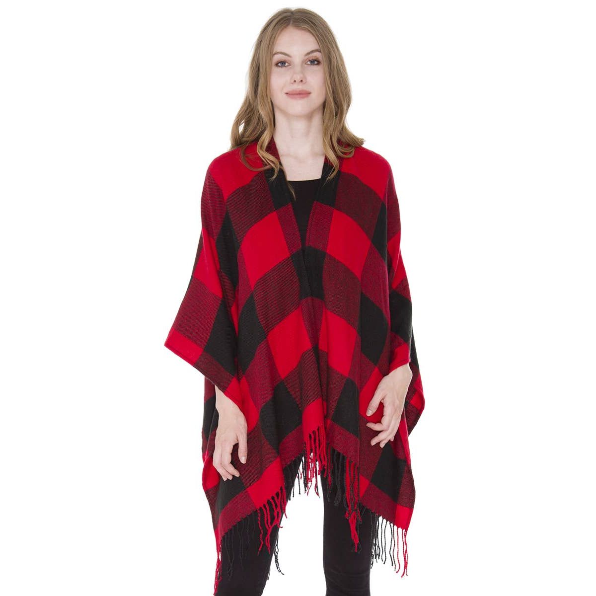Buffalo Check Pattern Ruana Poncho with Fringes