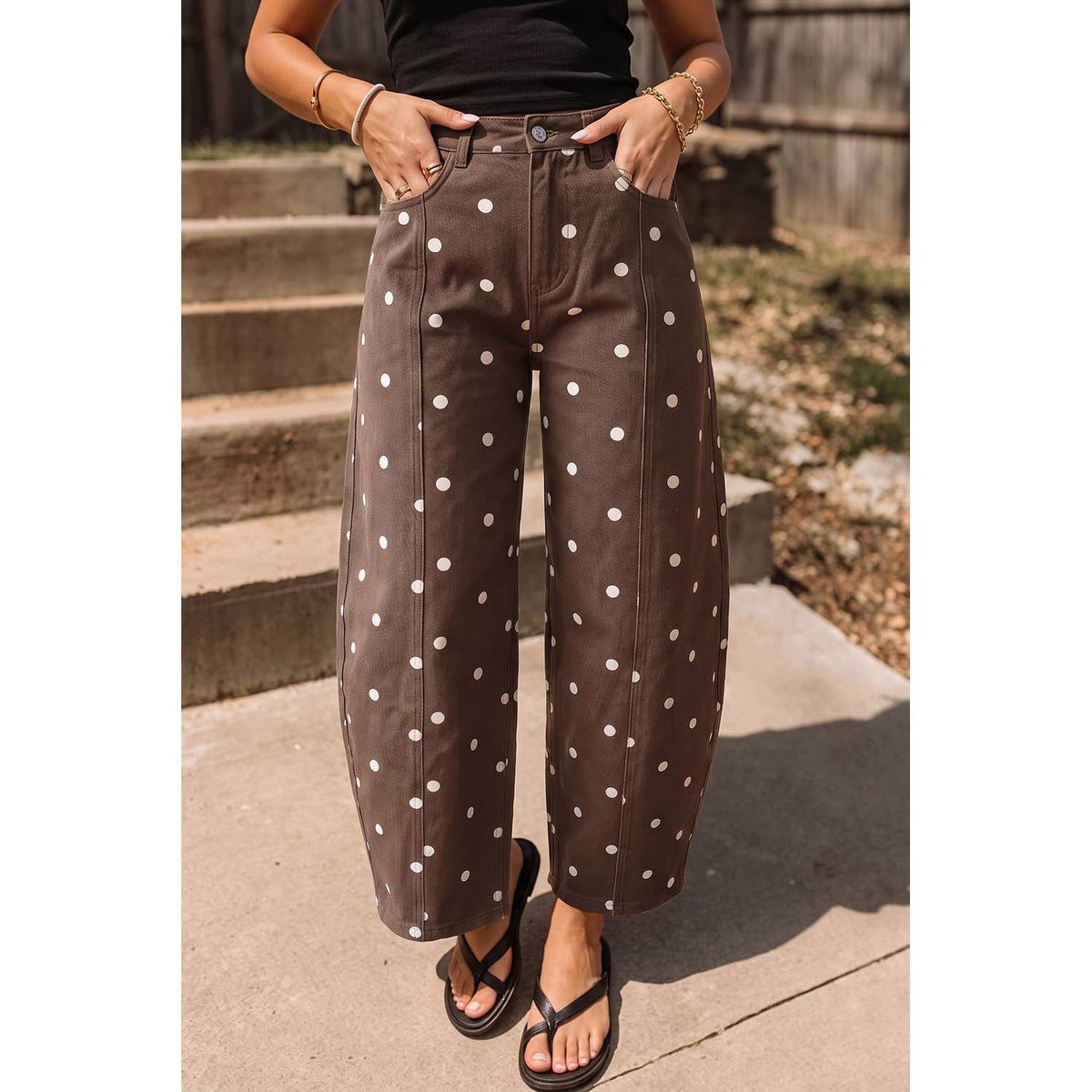 Polka Dot Print Seam Detail Barrel Casual Jeans
