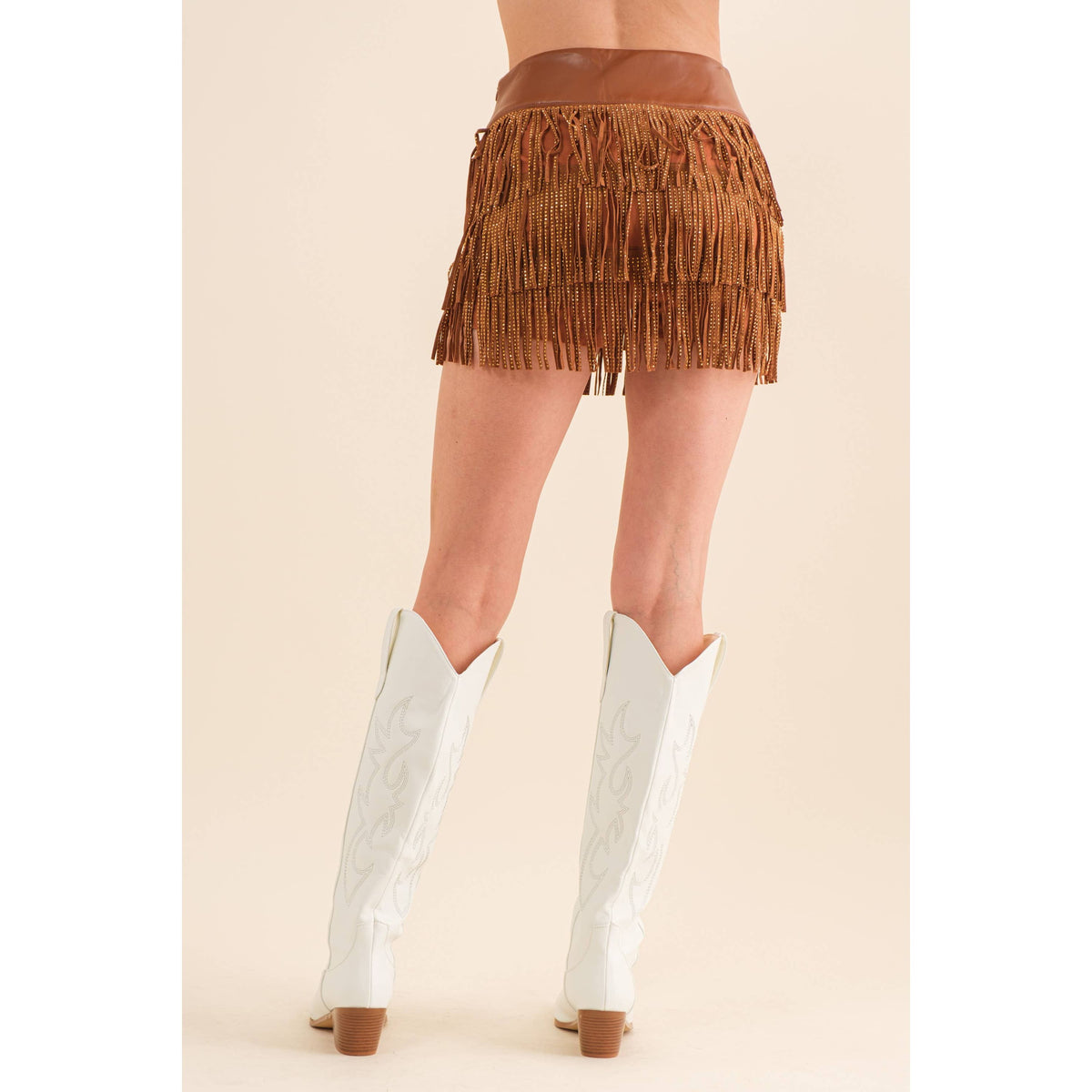 Festival Leather Waist Tiered Fringe Studded Short
