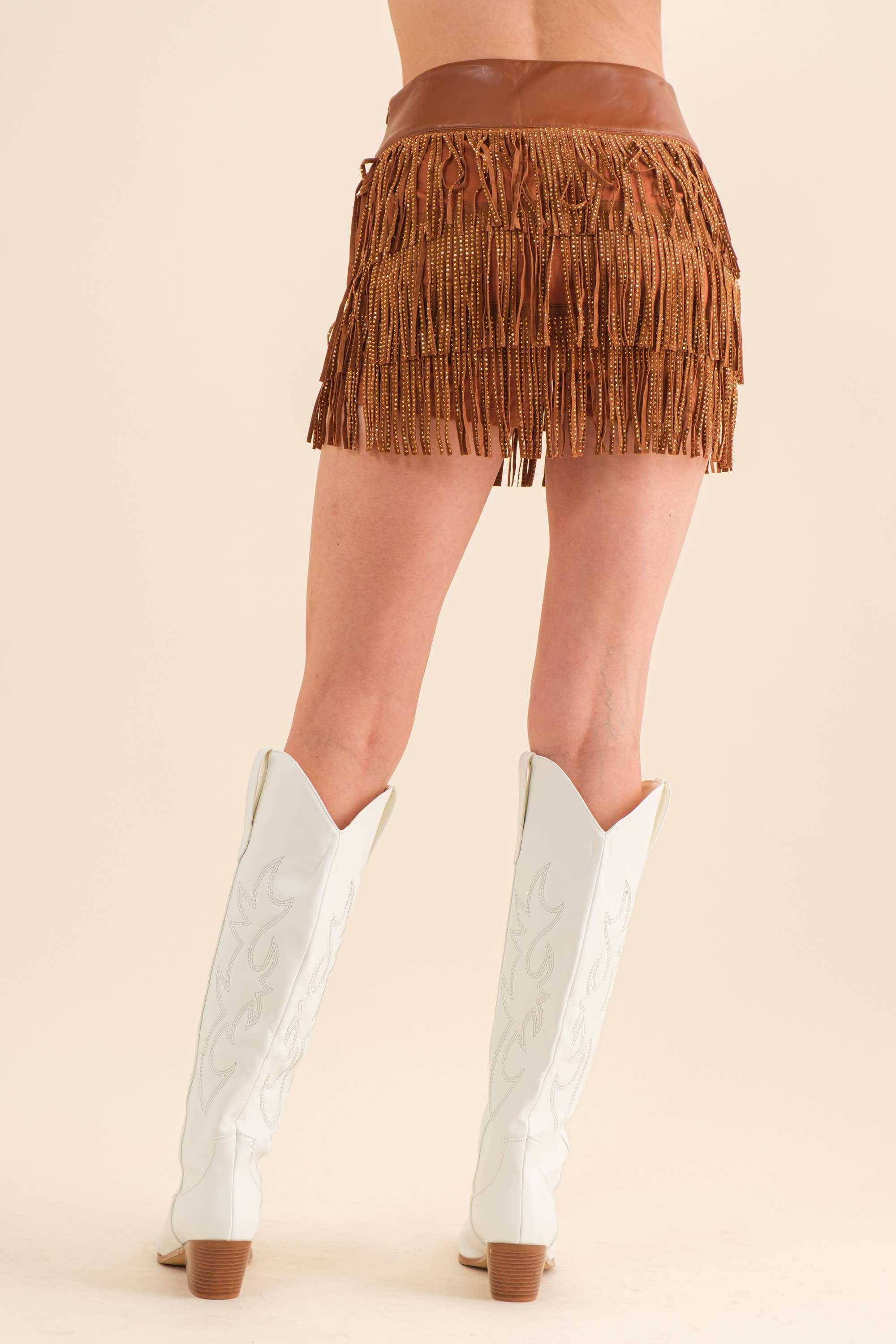 Festival Leather Waist Tiered Fringe Studded Short