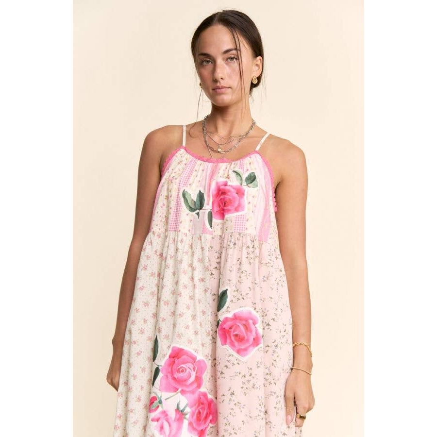 Rose Patchwork Print Ruffle Hem Trapeze Midi Dress