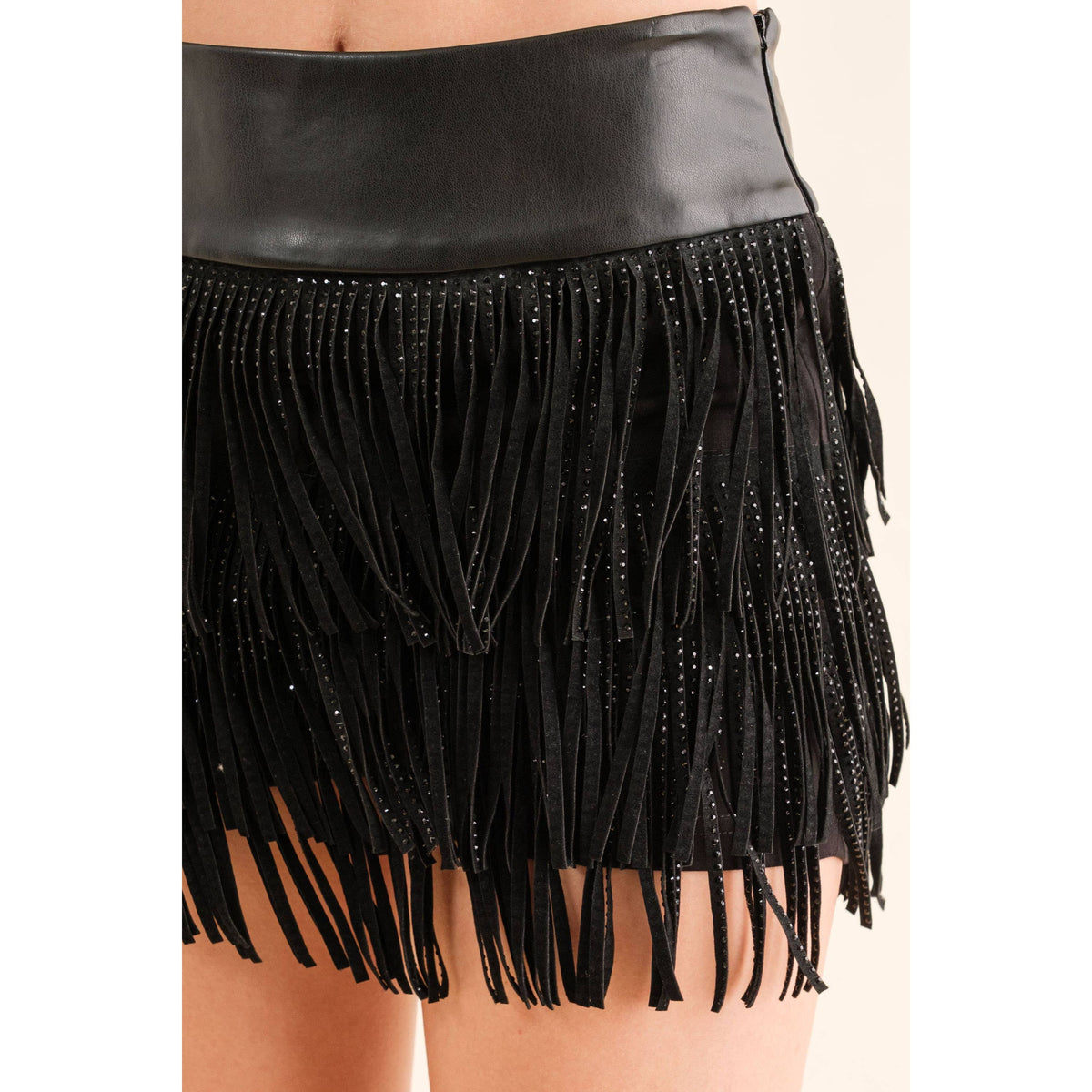 Festival Leather Waist Tiered Fringe Studded Short