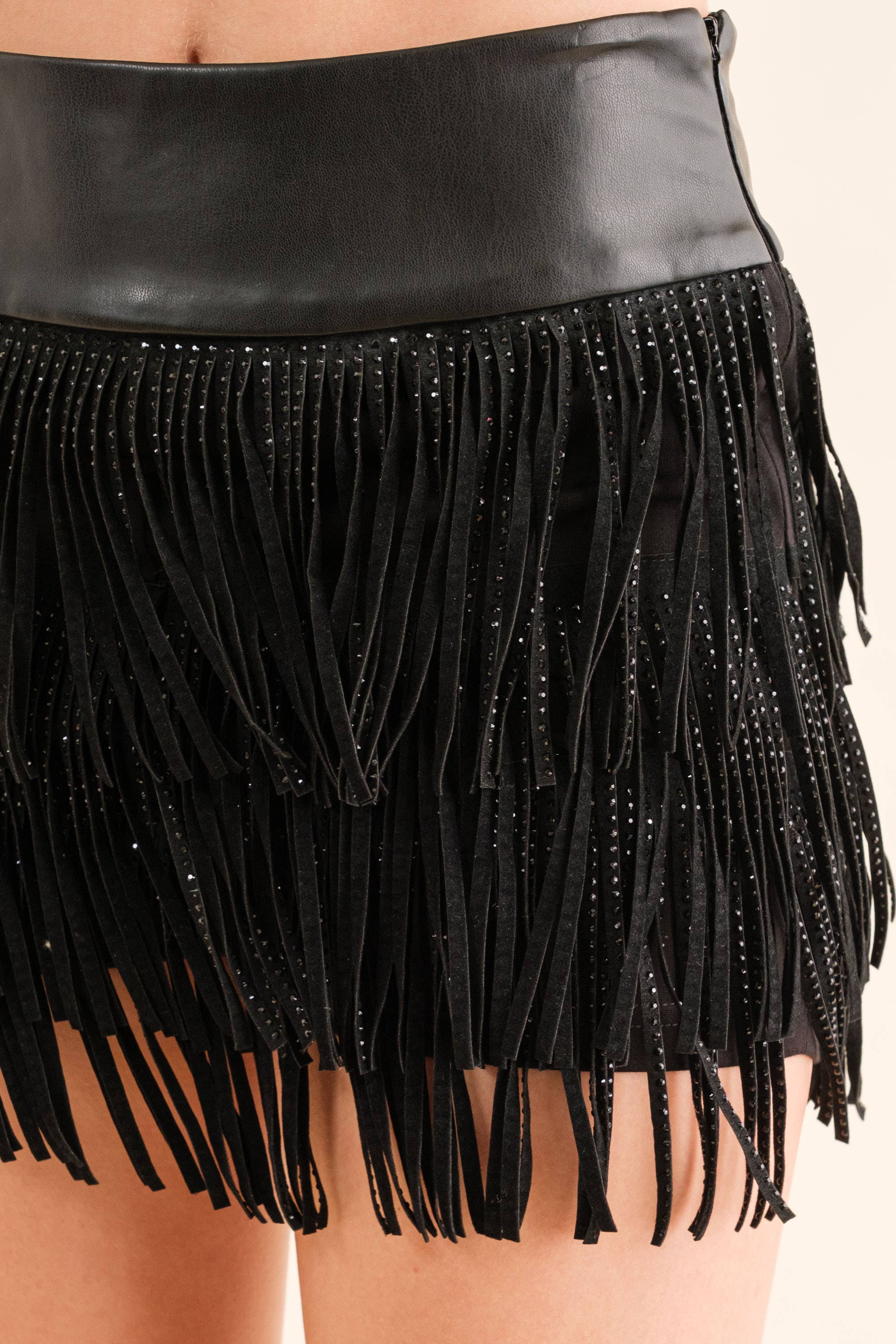 Festival Leather Waist Tiered Fringe Studded Short
