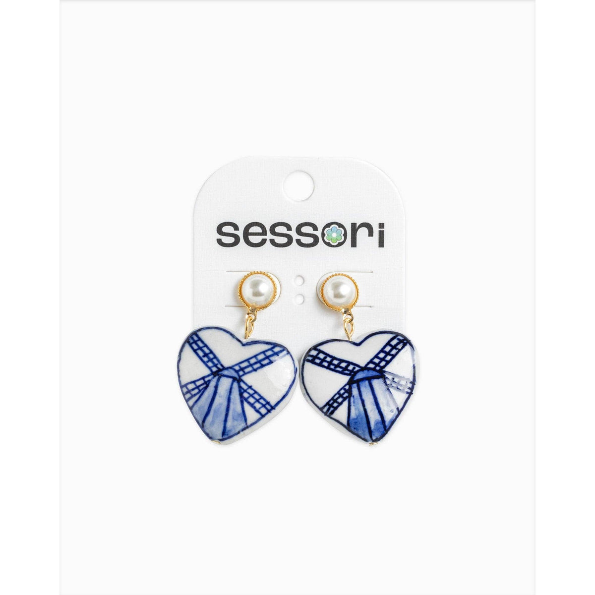 Pearl Drop Ceramic Blue Windmill Heart Earrings