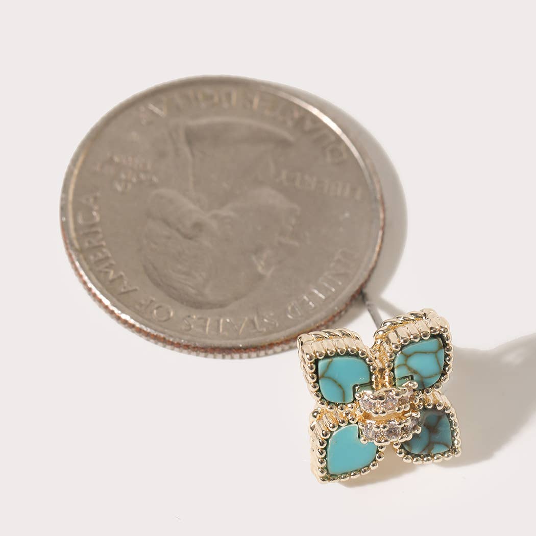 Gold Turquoise Clover CZ Pave Earrings
